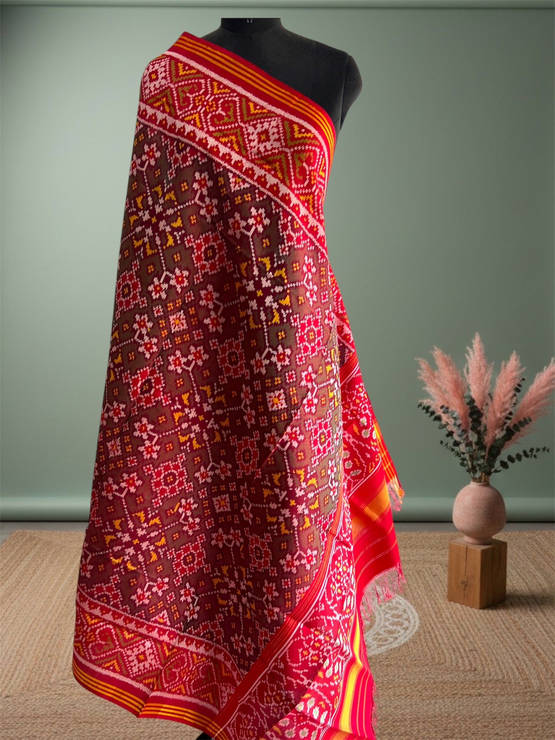 Mahendi Green & Red Hand Woven Rajkot ikat Patola Dupatta