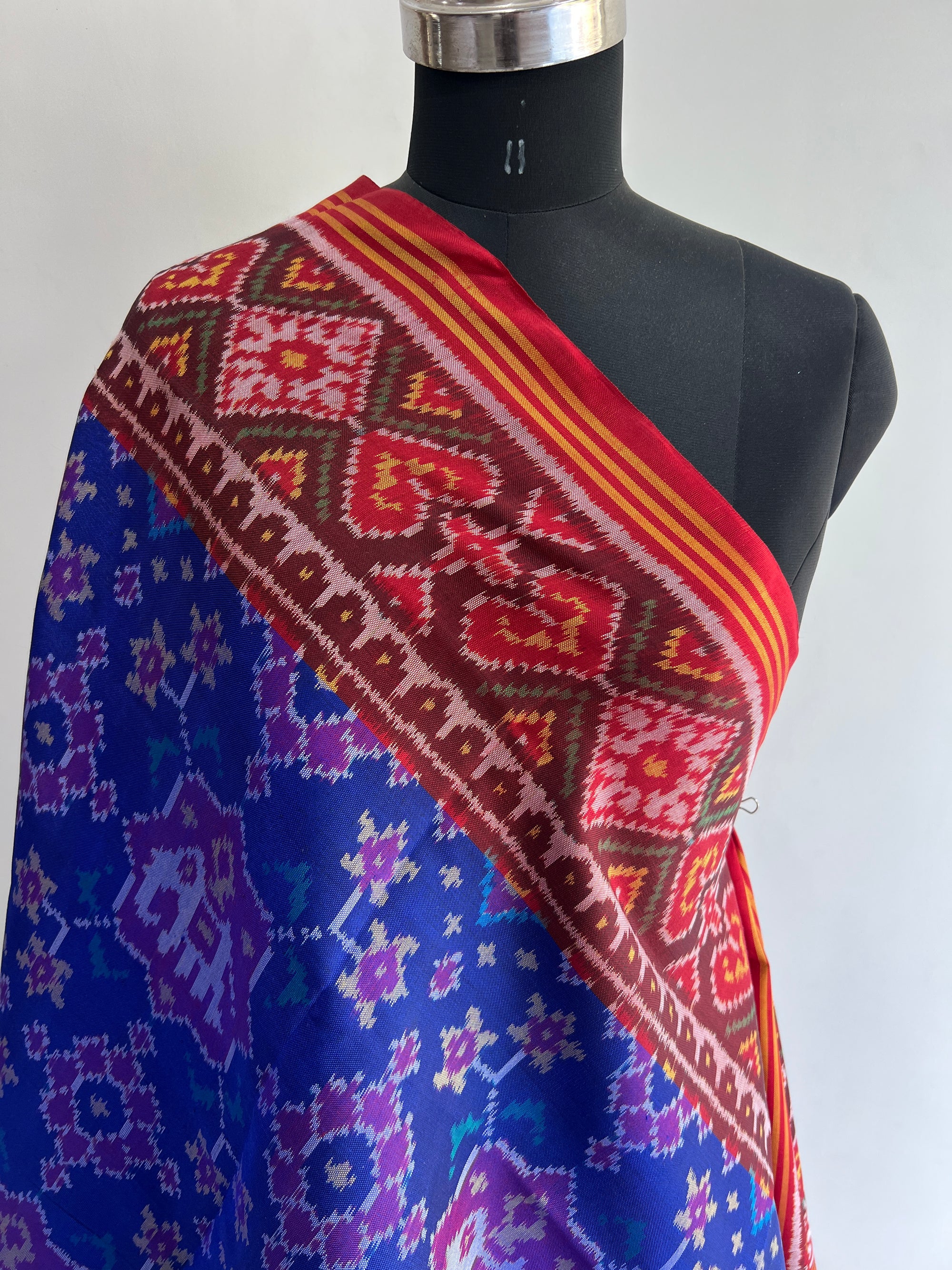 Blue & Red Hand Woven Rajkot ikat Patola Dupatta