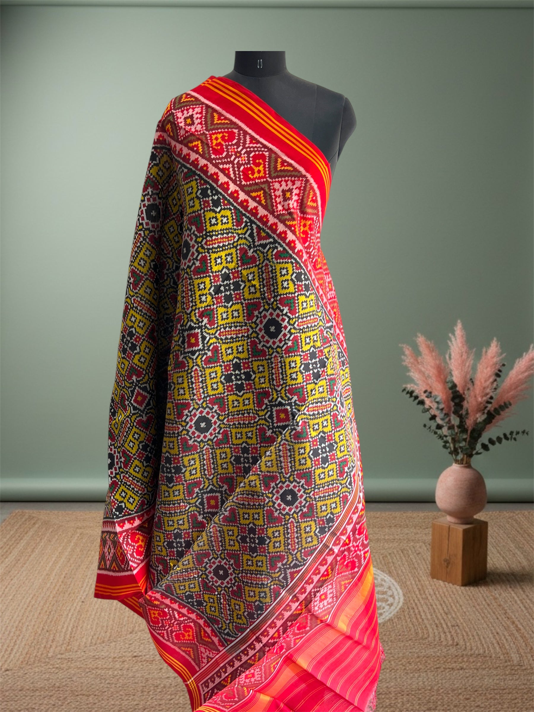 Musturd With Red Hand Woven Rajkot ikat Patola Dupatta