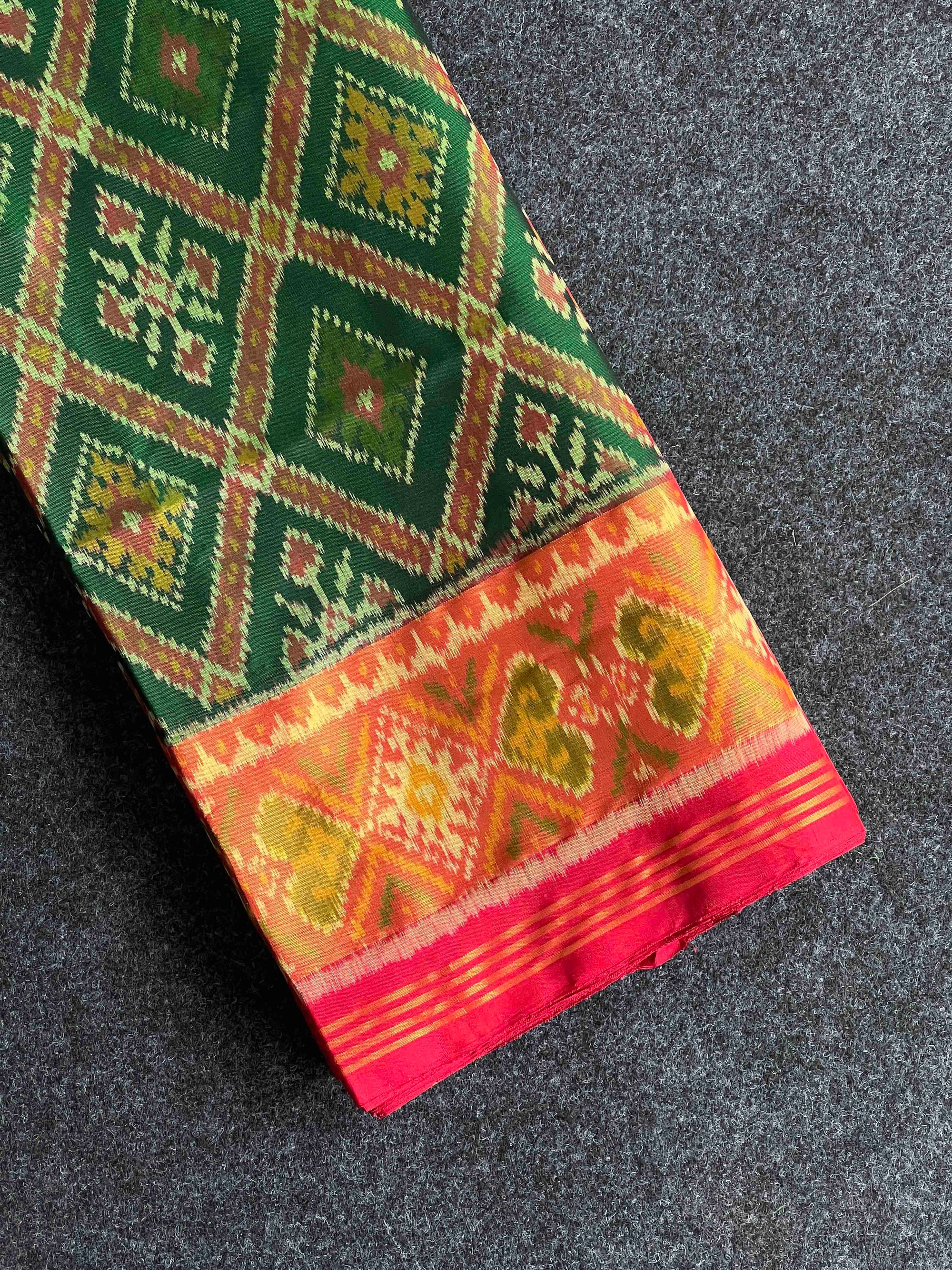Handwoven Patola Silk Saree Red & Green Traditional
