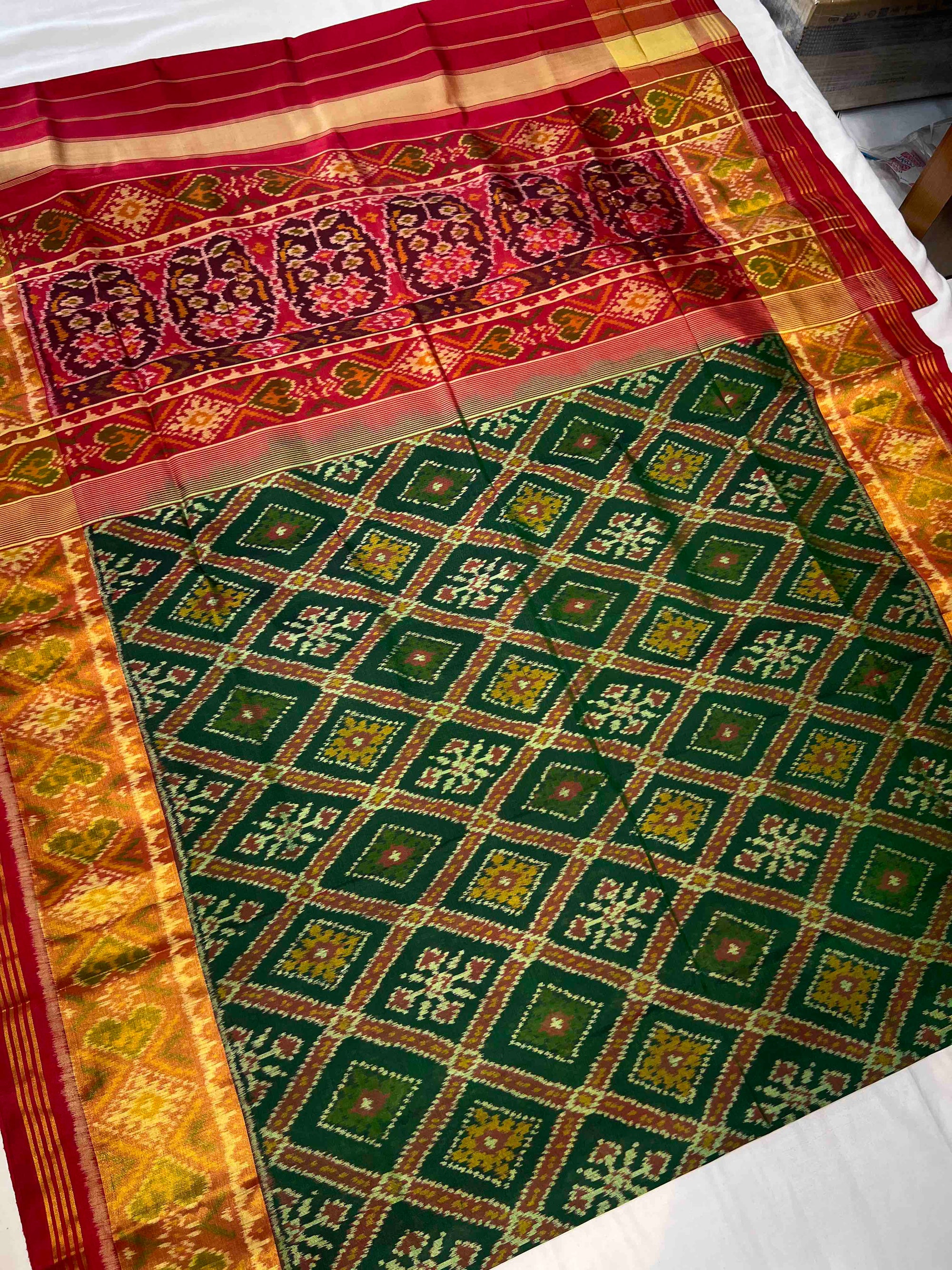 Handwoven Patola Silk Saree Red & Green Traditional