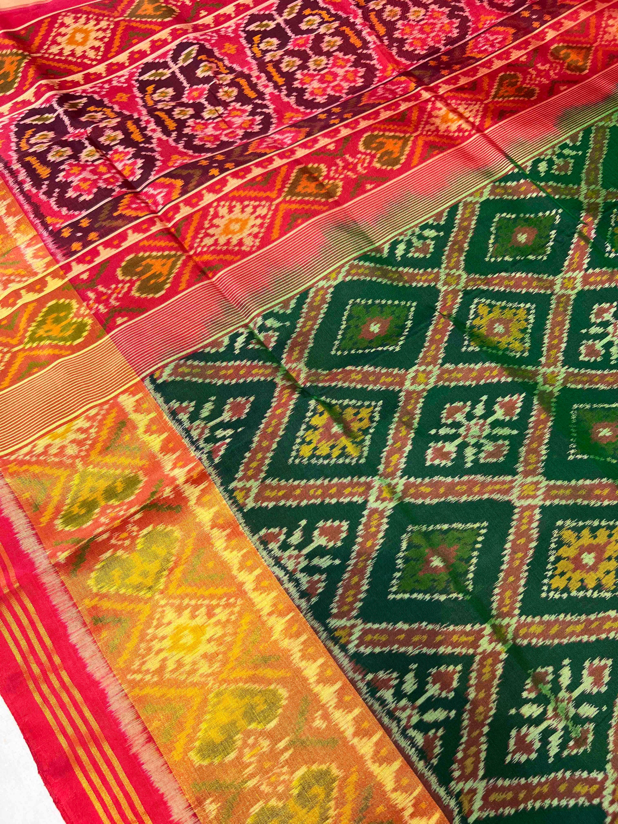 Handwoven Patola Silk Saree Red & Green Traditional
