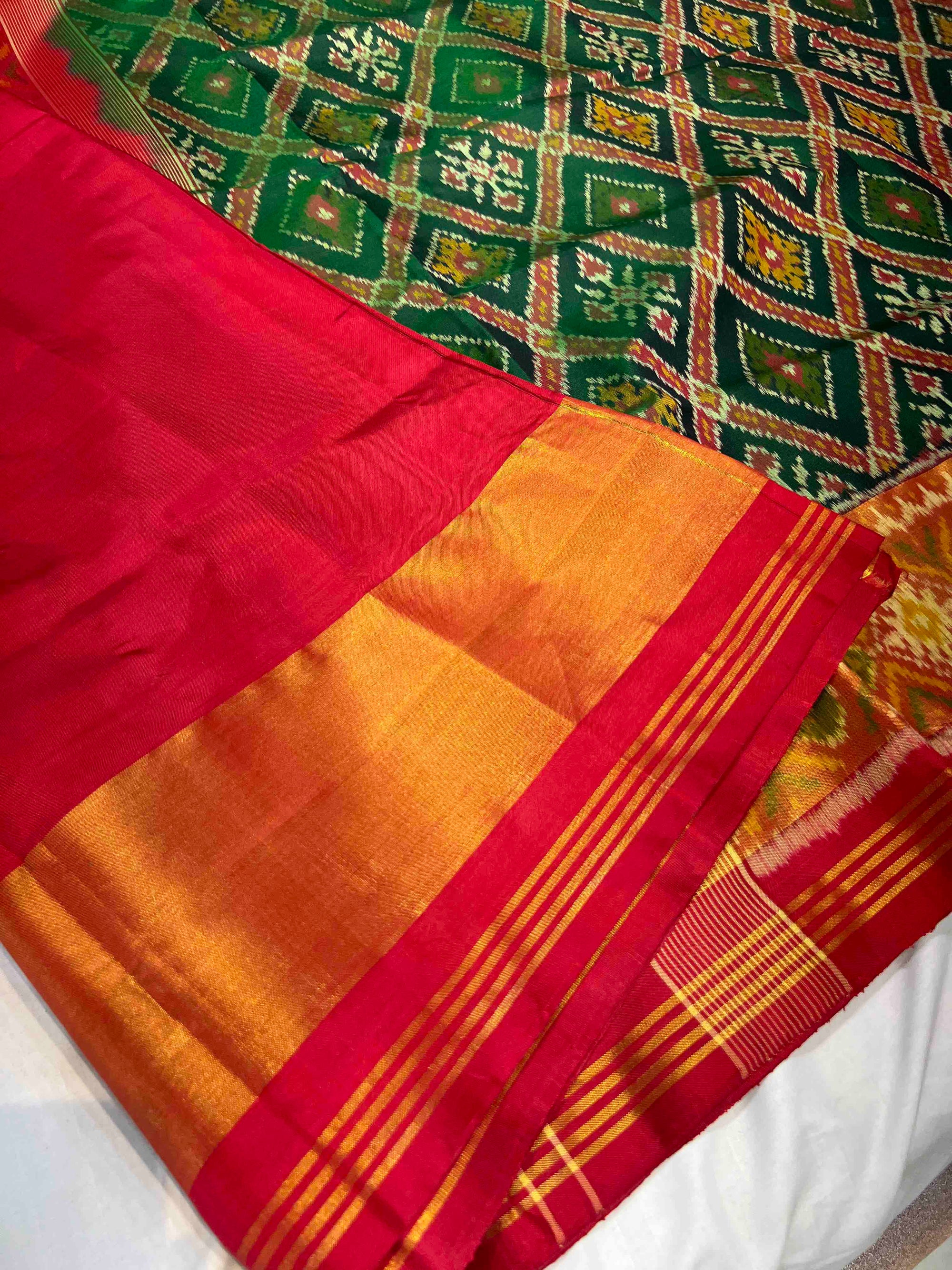Handwoven Patola Silk Saree Red & Green Traditional