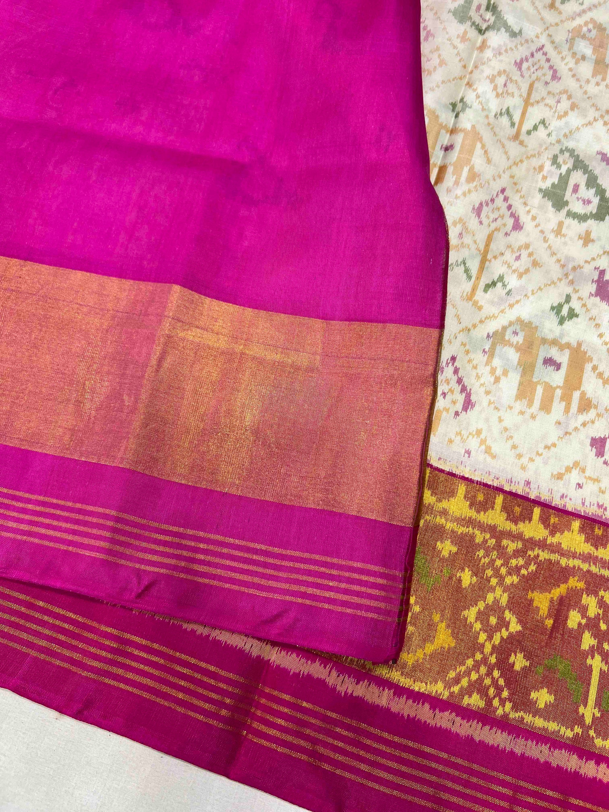 White Narikunj with Pink Pallu Traditional Design Handwoven Patola Silk Saree