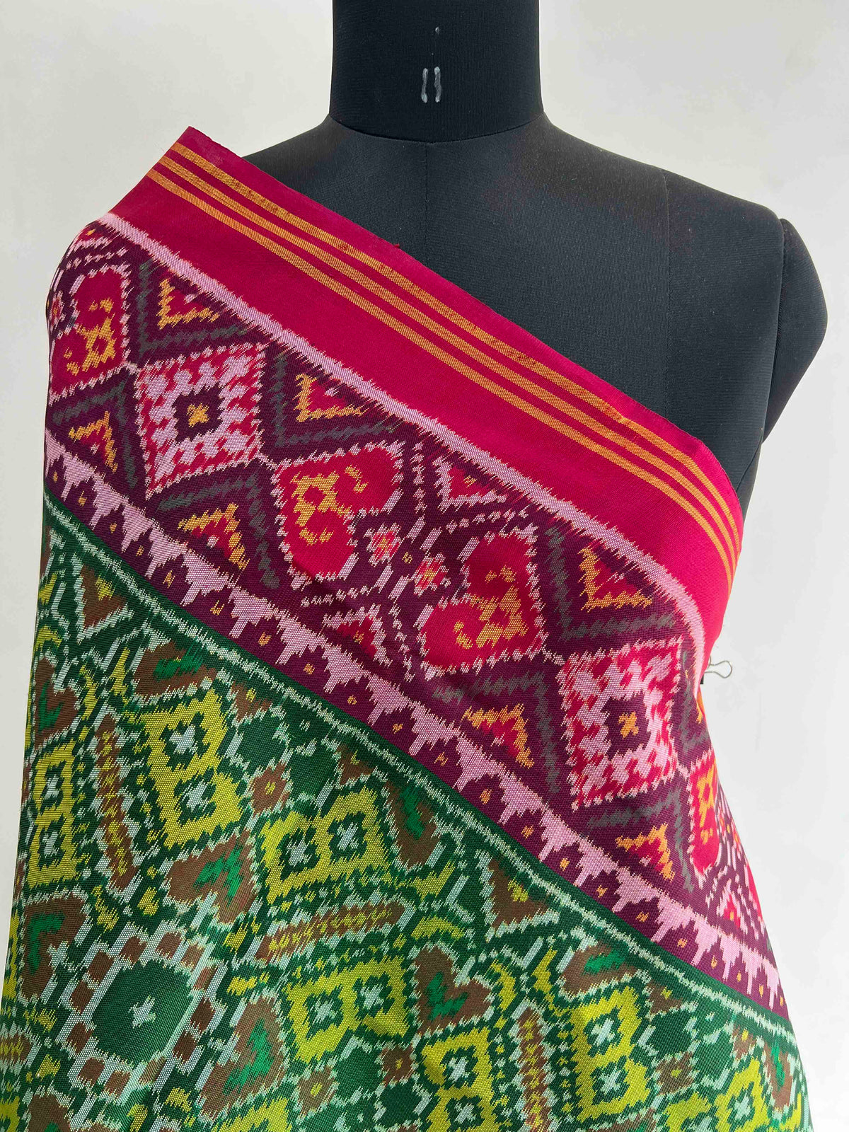 Yellow With Pink Manekchok Design Hand Woven Rajkot ikat Patola Dupatta