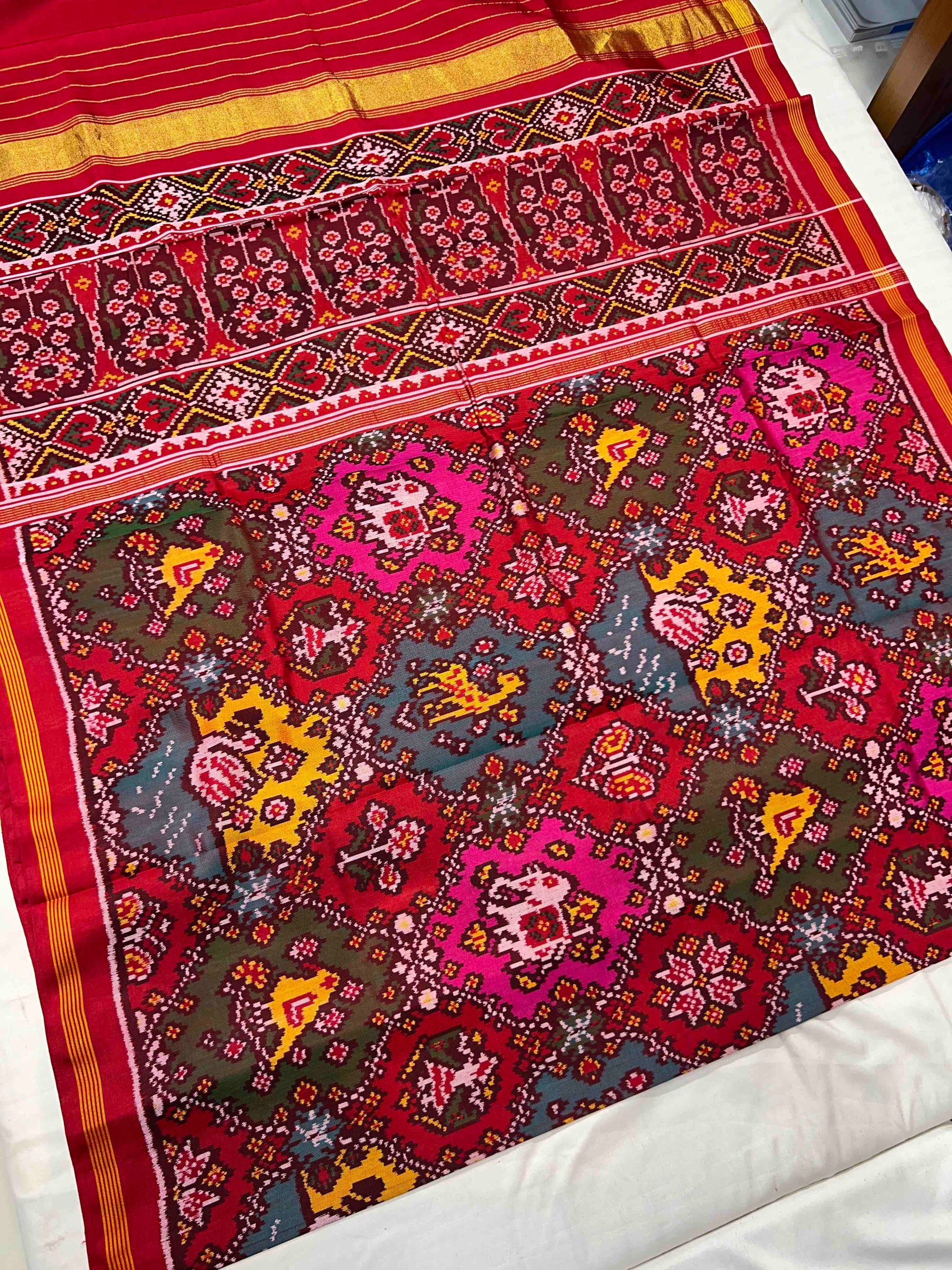 Multi Color Big Motif Hand Woven Rajkot Ikat Patola Silk Saree