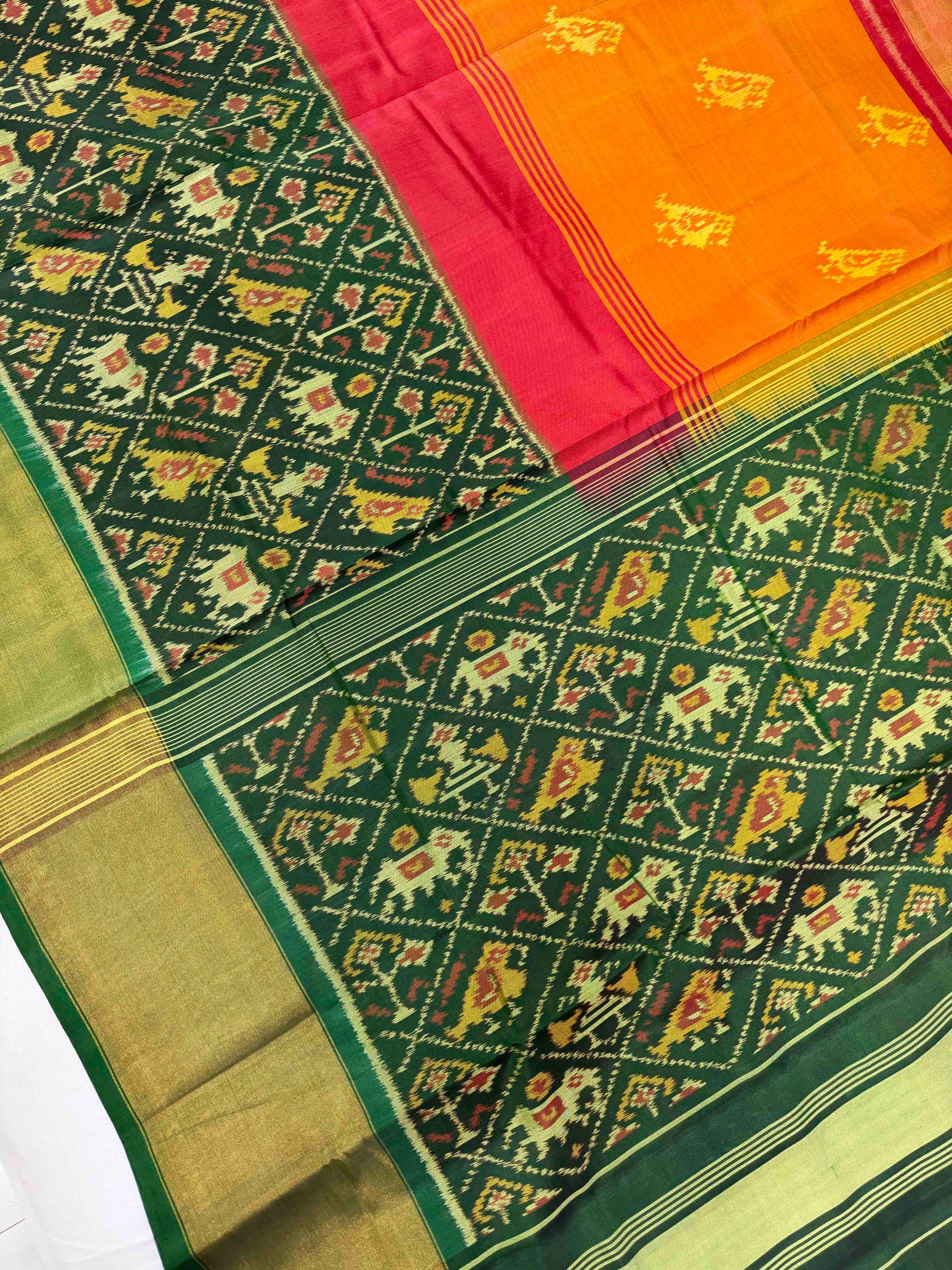 Green Narikunj Skirt With Yellow Red Body Hand Woven Rajkot Patola Silk Saree