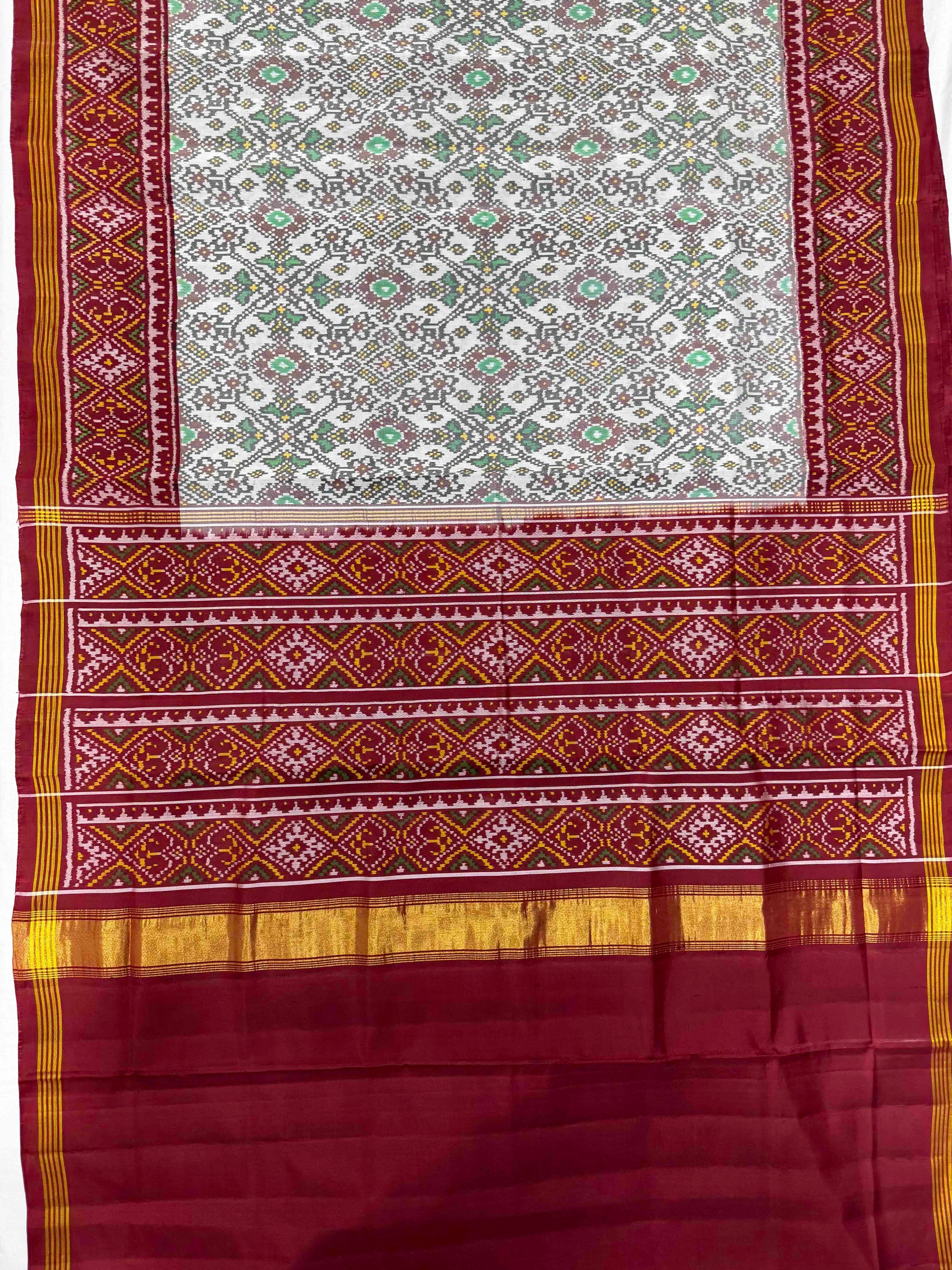 White With Red Navratan Hand Woven Rajkot Ikat Patola Silk Saree