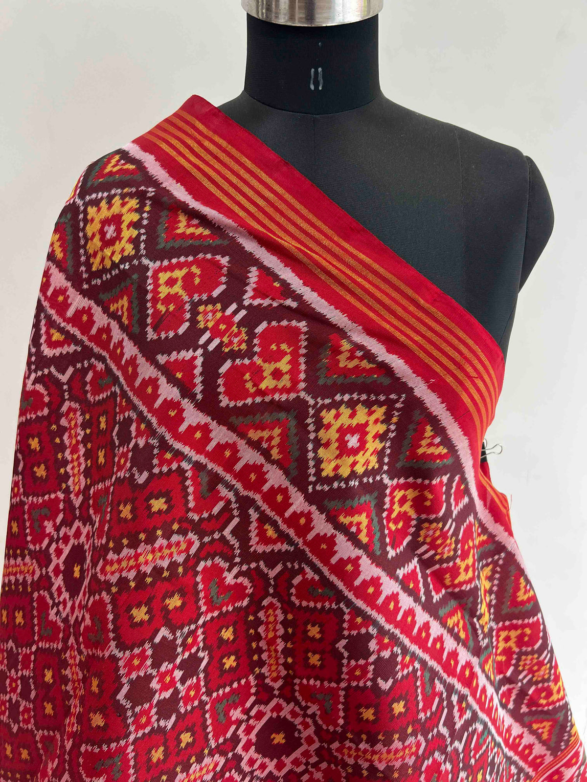 Full Red Manekchok Design Hand Woven Rajkot ikat Patola Dupatta