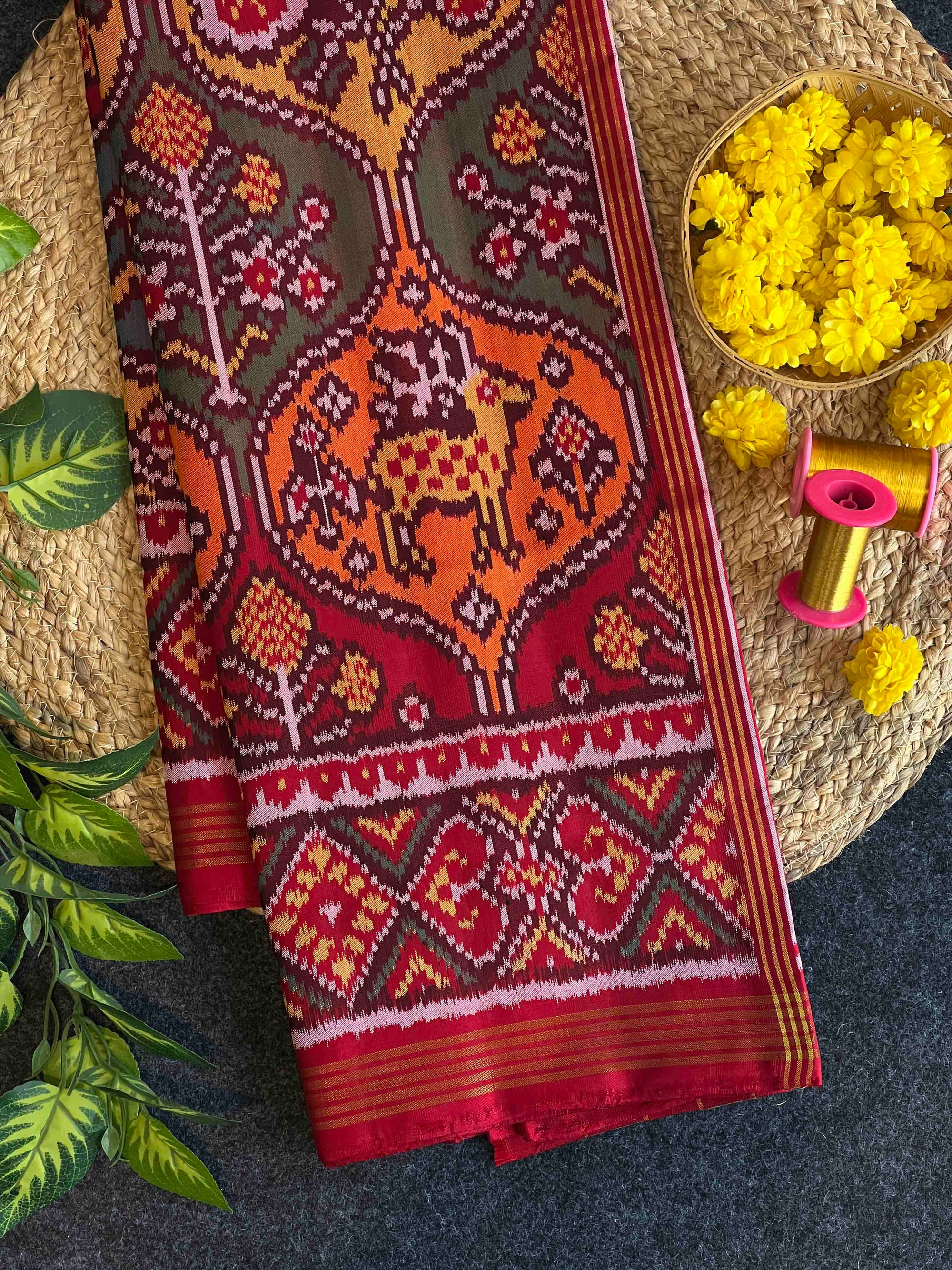 Red & Big Multi Color Motifs Design Rajkot Ikat Patola Silk Saree