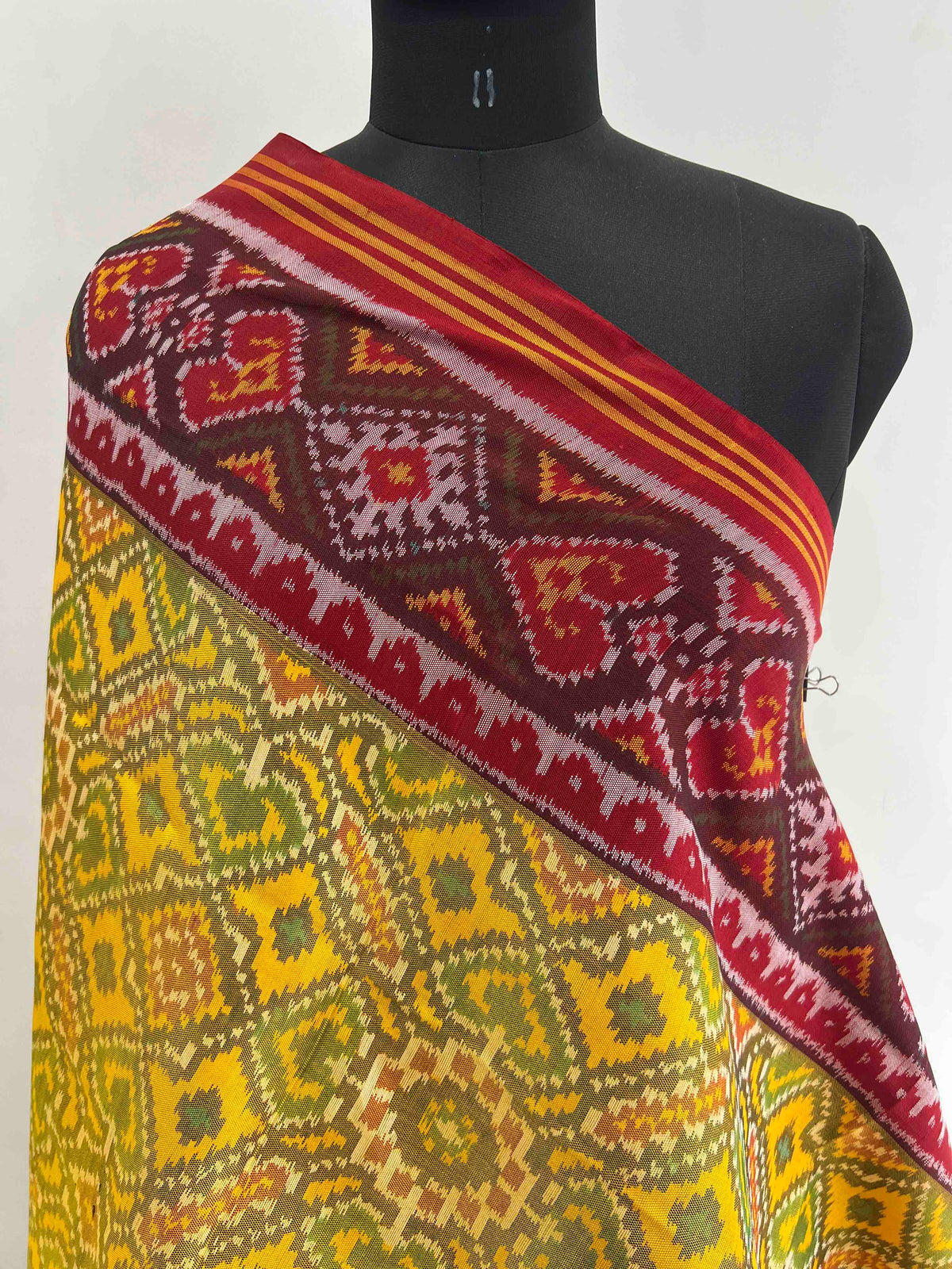 Yellow With Red & Green Border Hand Woven Rajkot ikat Patola Dupatta