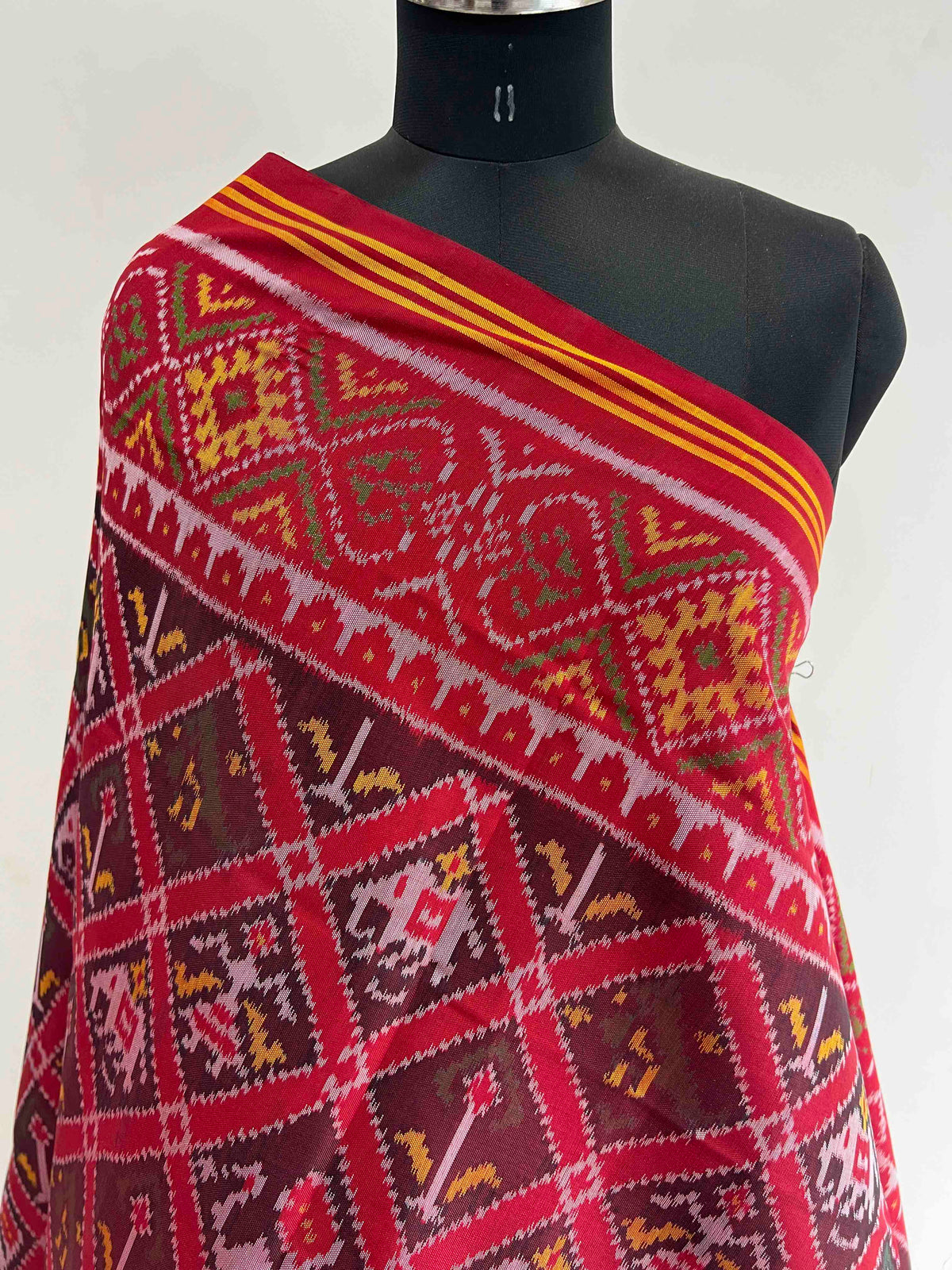 Coffee With Red Narikunj Design Hand Woven Rajkot ikat Patola Dupatta