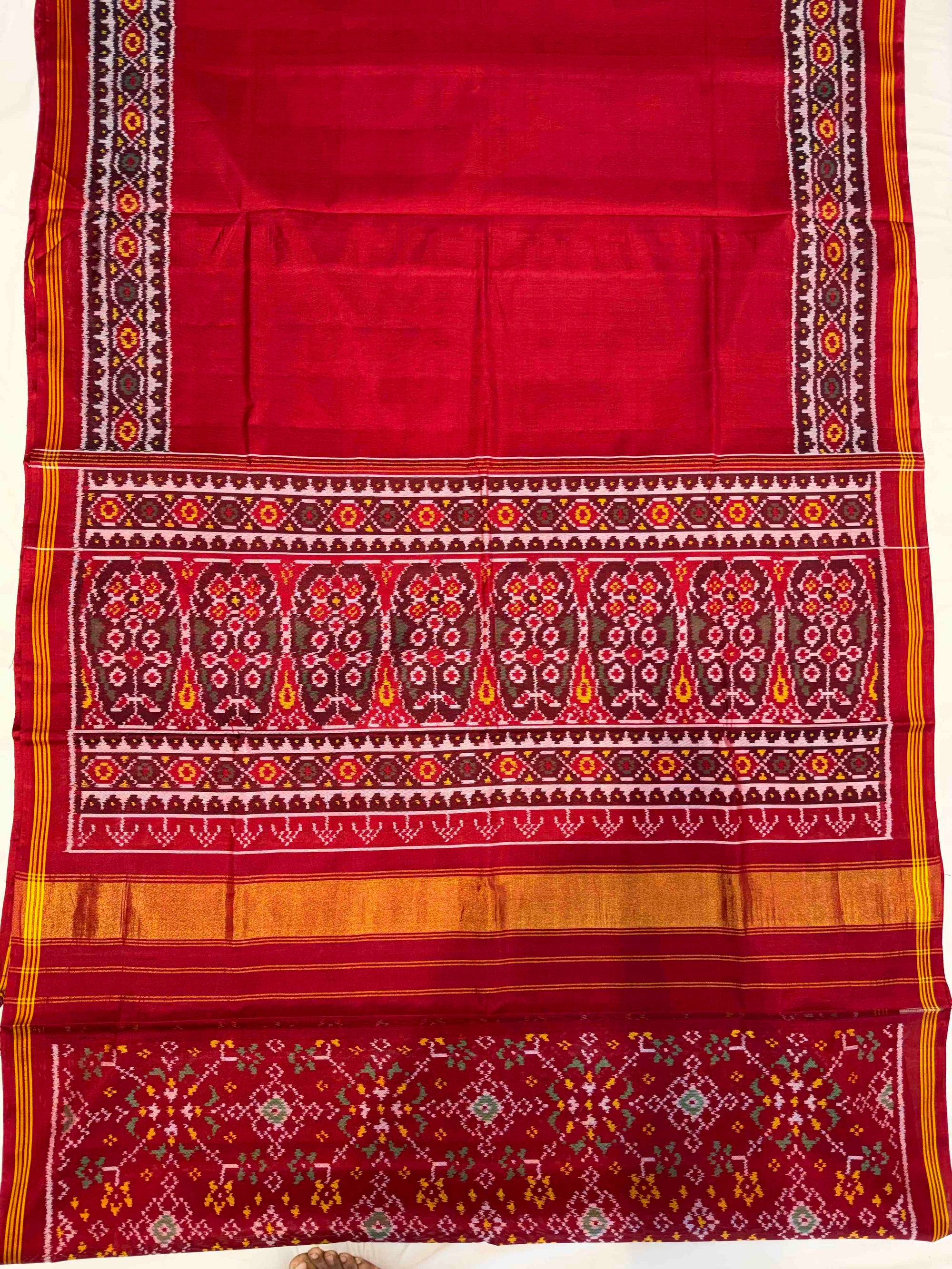 Red Plain With Maroon Patola Border Hand Woven Rajkot Ikat Patola Silk Saree
