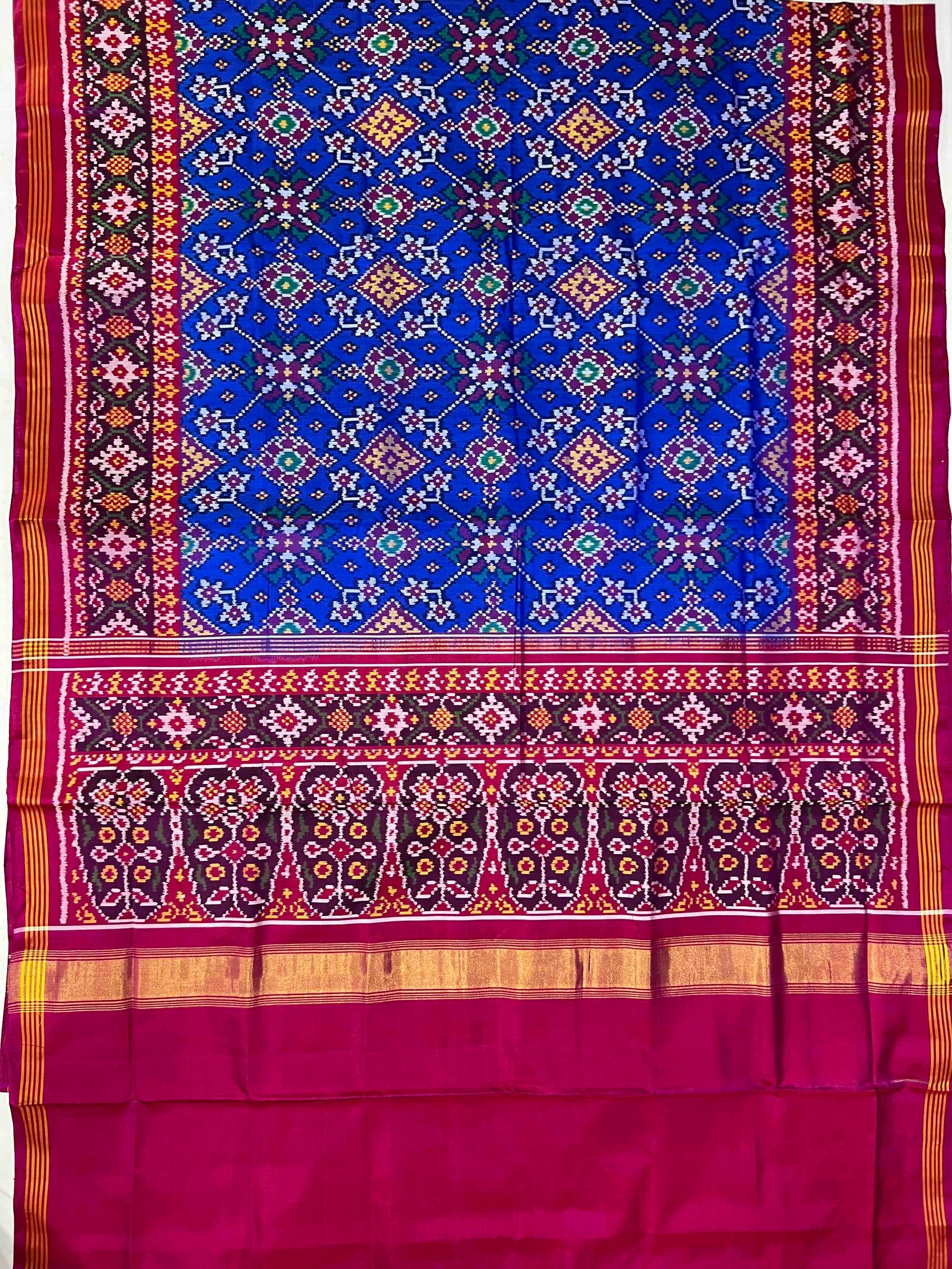 Blue & Pink Navratan Hand Woven Rajkot Ikat Patola Silk Saree