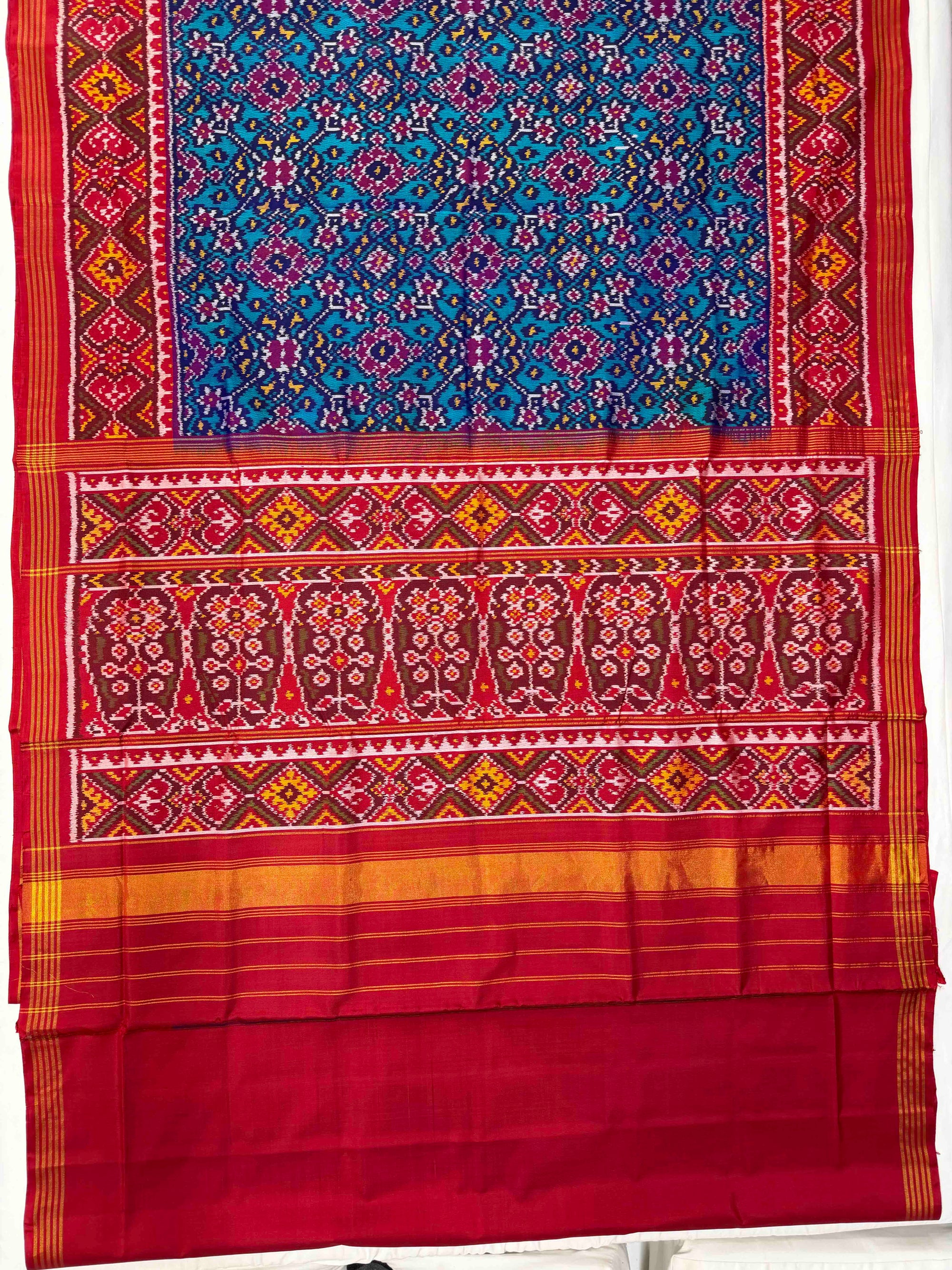 Sky Blue With Red Navratan Design Hand Woven Rajkot Ikat Patola Silk Saree
