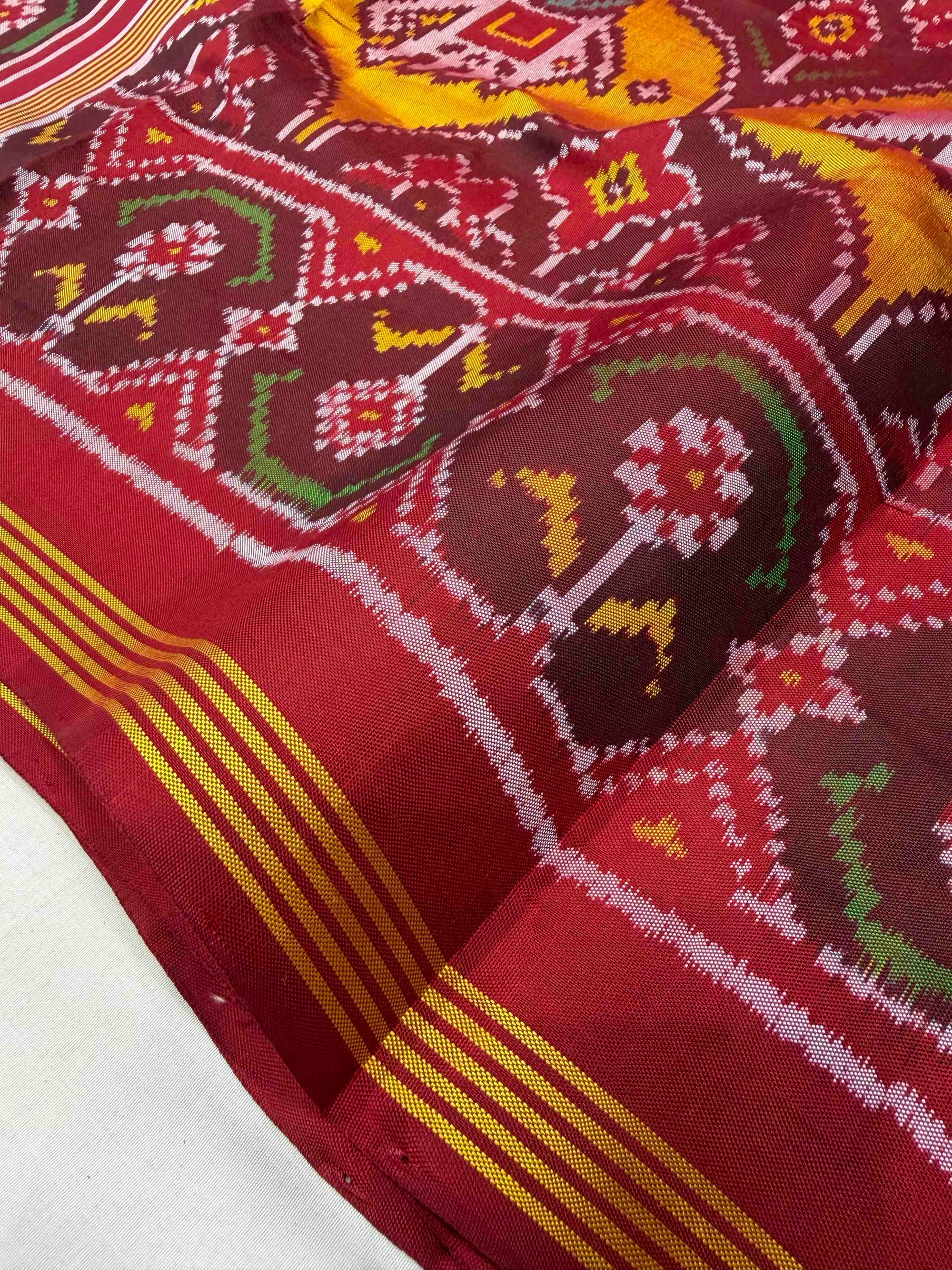 Maroon Big Motifs Design Hand Woven Ikat Patola Silk Saree
