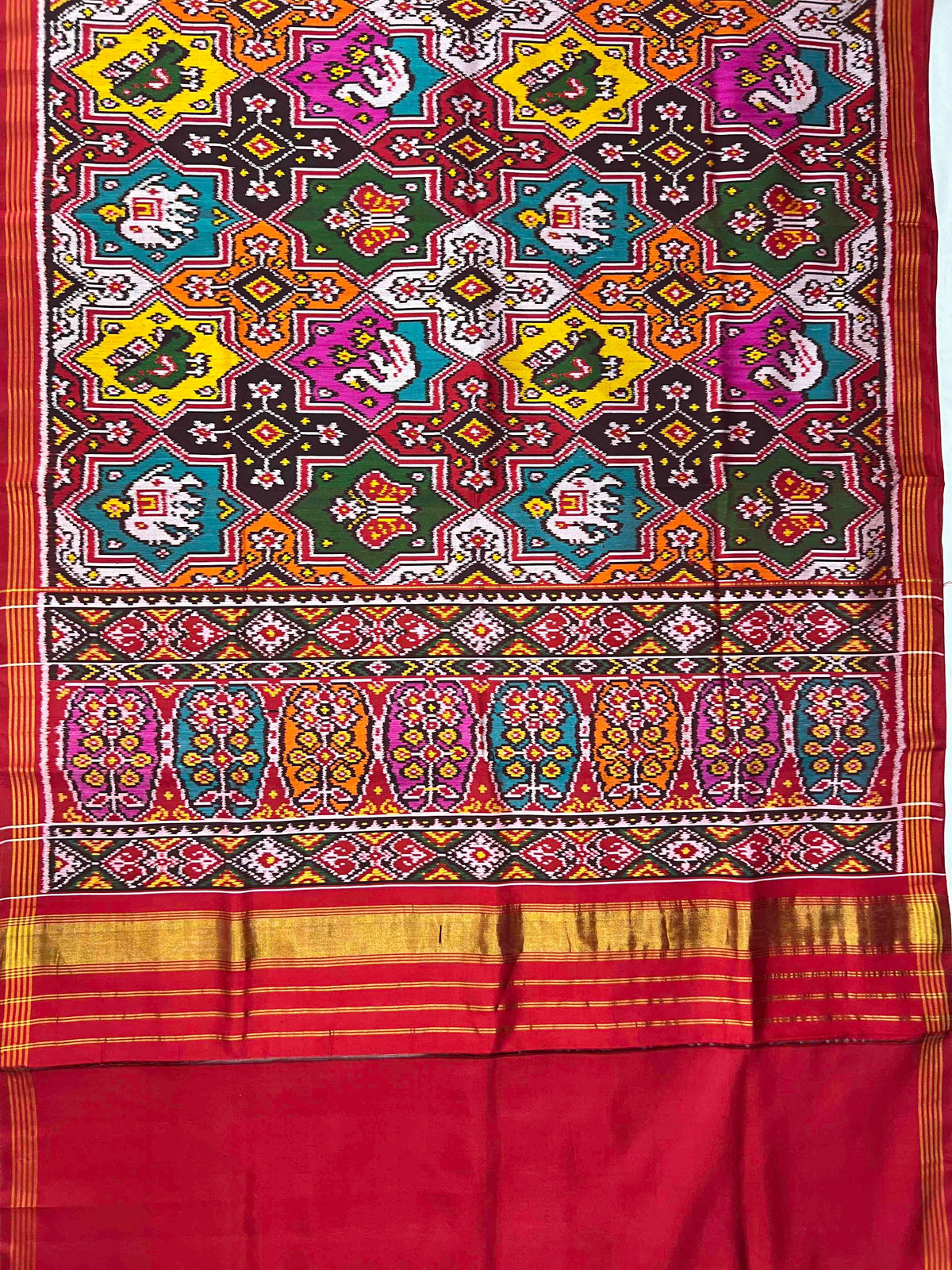 Multi Color Star Design Hand Woven Rajkot Twill Ikat Patola Silk Saree