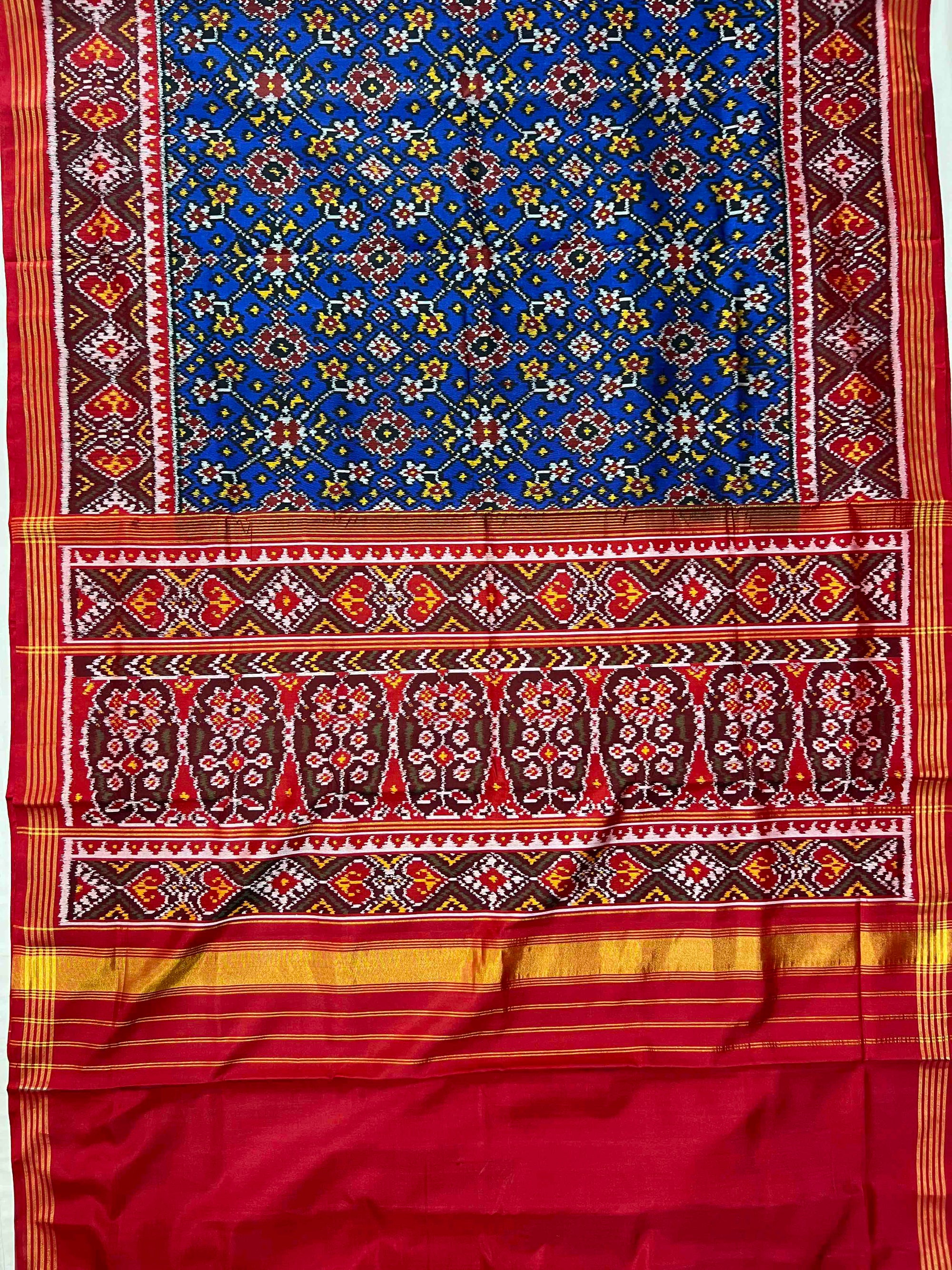 Blue & Red Navratan Design Hand Woven Rajkot Ikat Patola Silk Saree