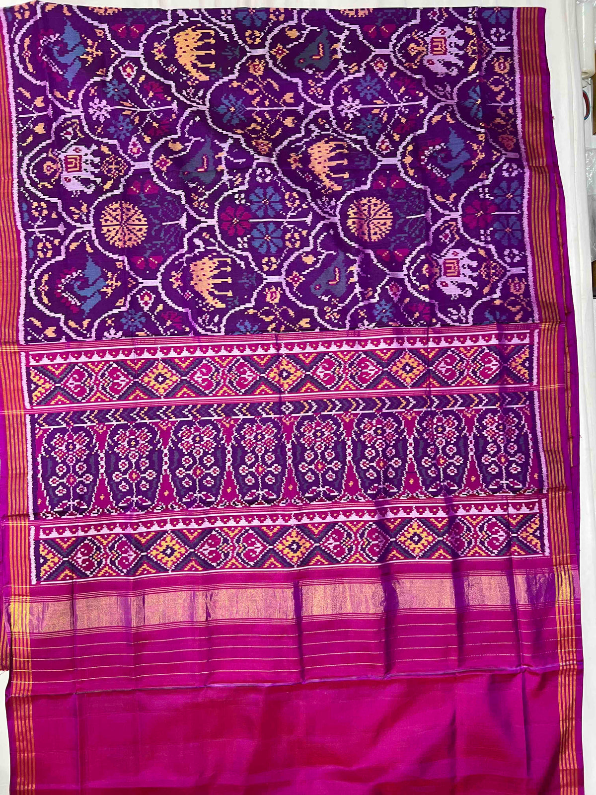 Purple And Pink Big Motifs Design Hand Woven Rajkot Ikat Patola Silk Saree