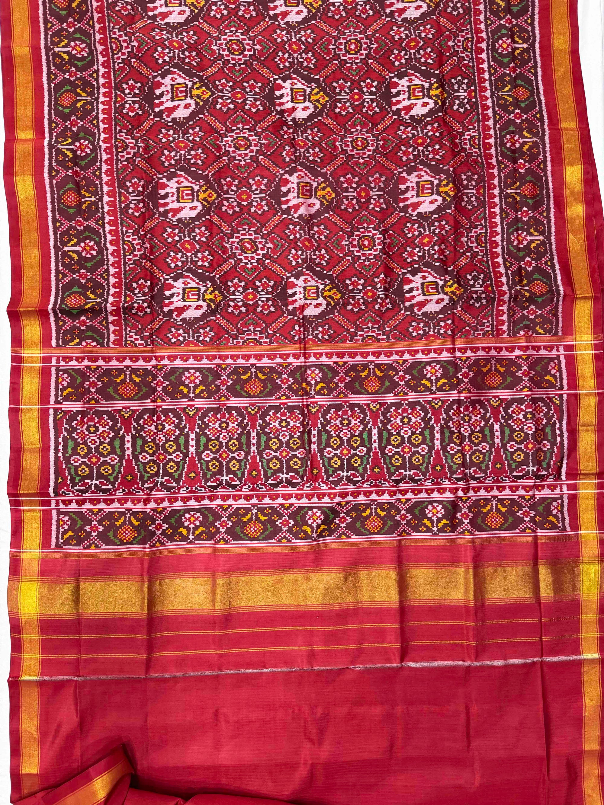 Red With Maroon Elephent Hand Woven Rajkot Patola Silk Saree