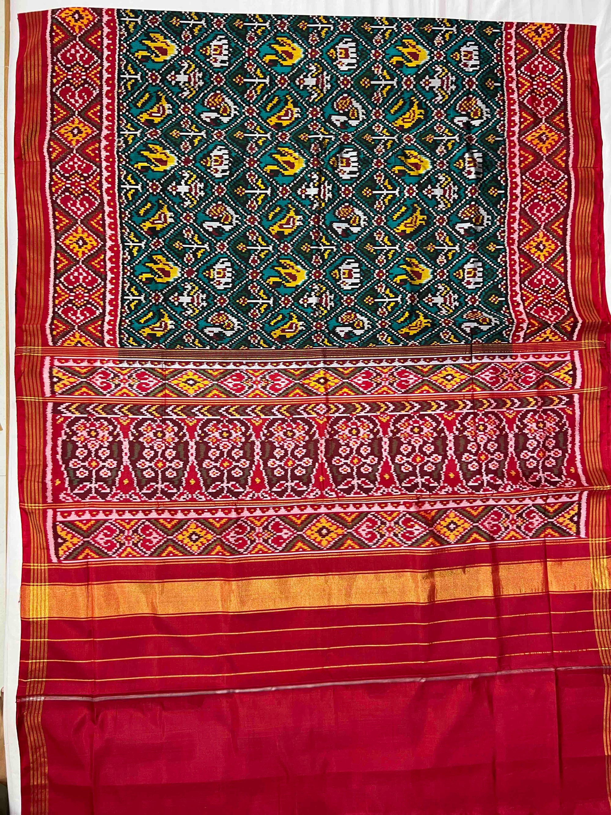 Sea Green With Red Narikunj Hand Woven Rajkot Ikat Patola Silk Saree