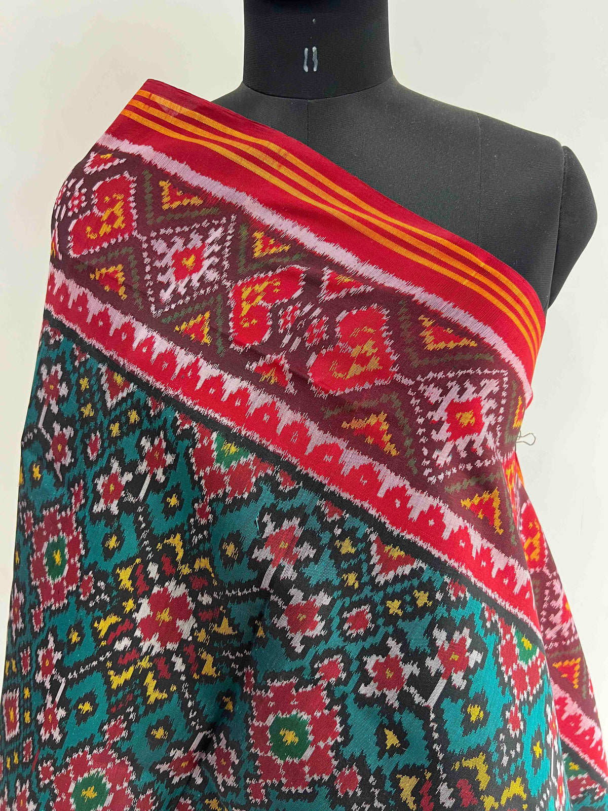 Sea Green With Red Navratan Design Hand Woven Rajkot ikat Patola Dupatta