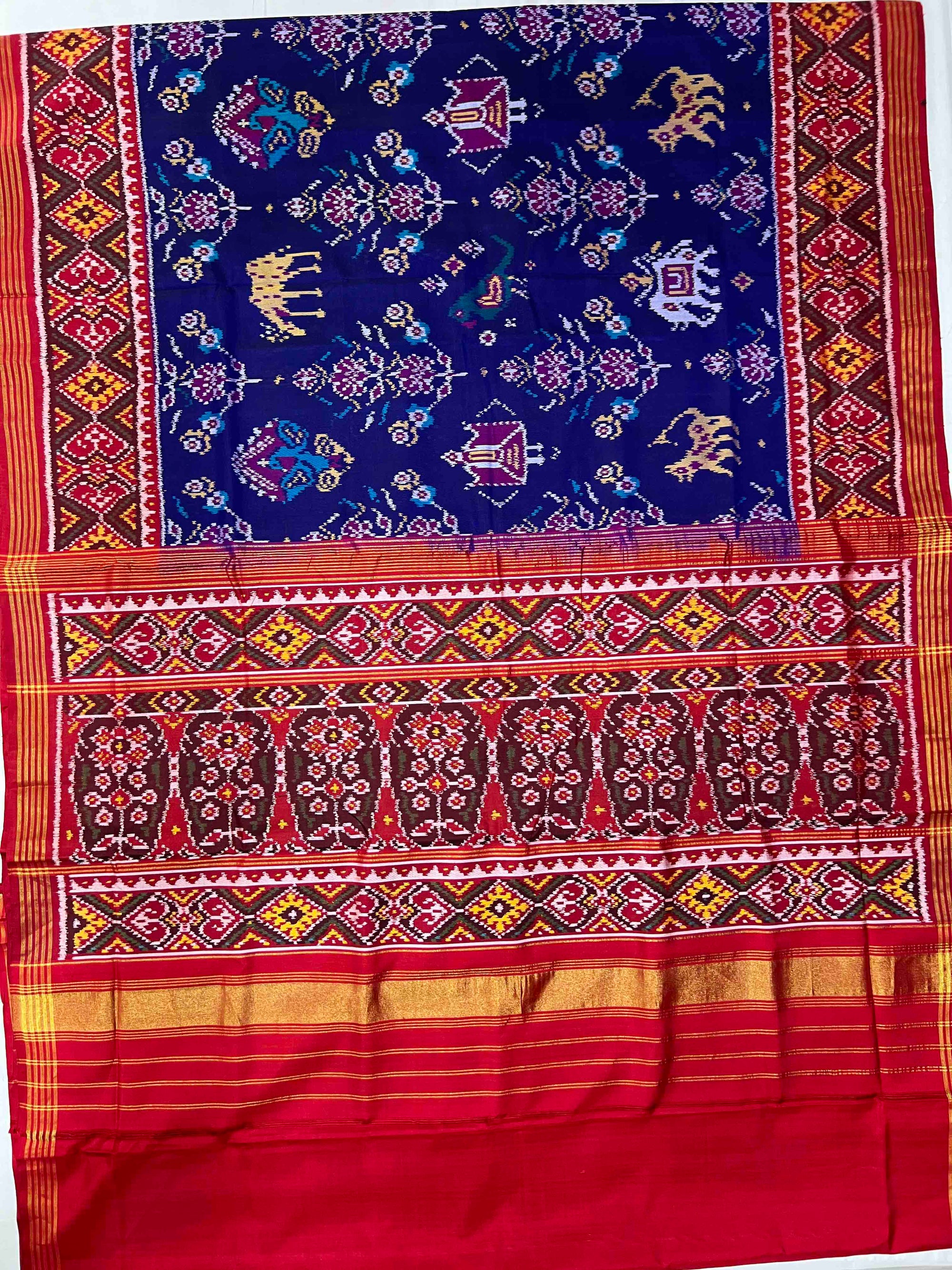 Blue And Red Big Motifs Hand Woven Rajkot Ikat Patola Silk Saree