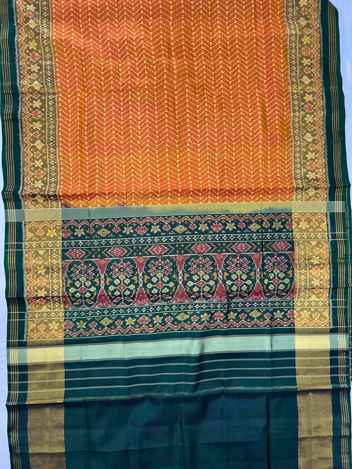 Yellow With Green Laheriya Design Hand Woven Rajkot Patola Silk Saree