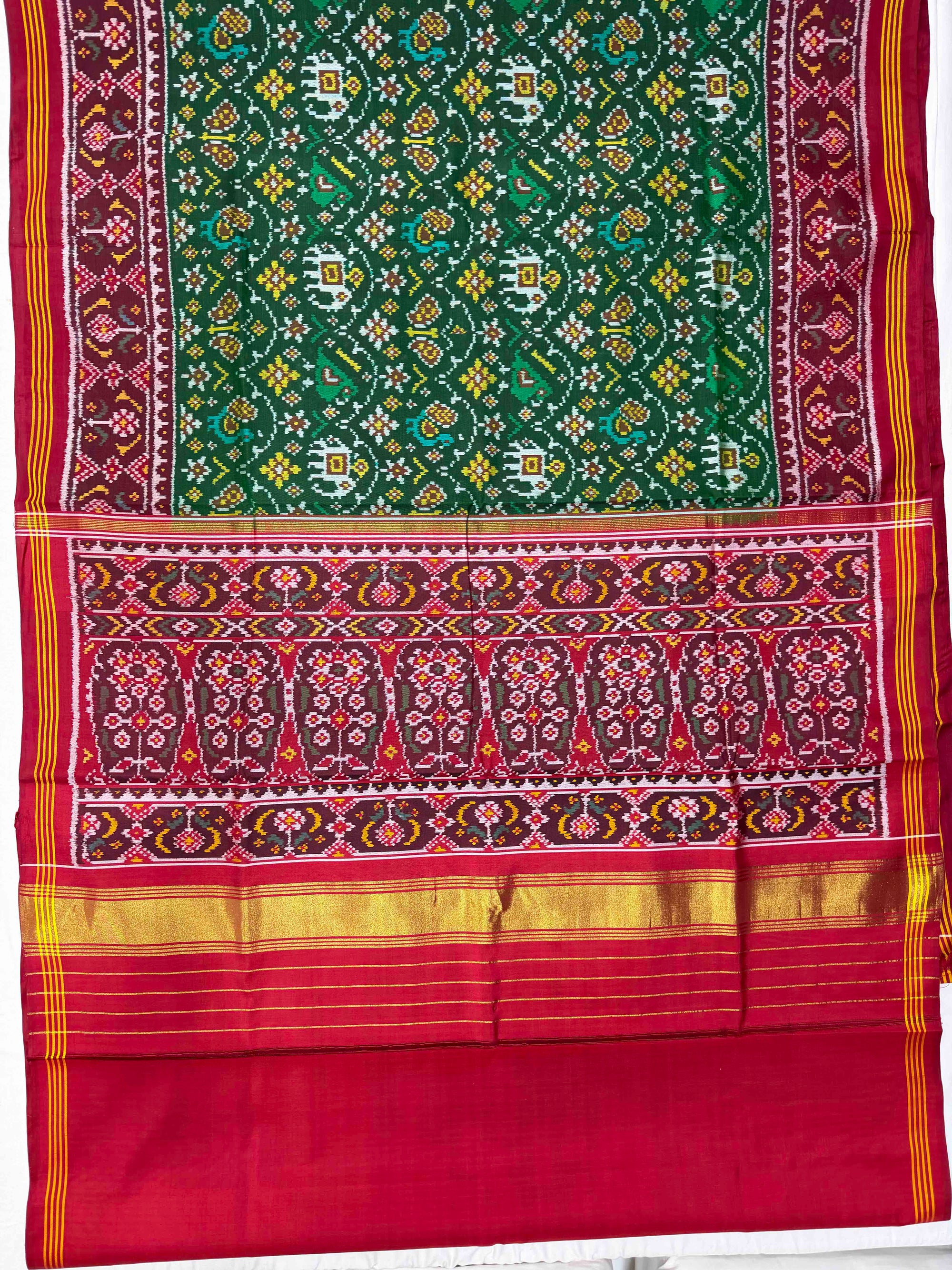 Green And Red Maroon Small Motifs Design Hand Woven Rajkot Ikat Patola Silk Saree