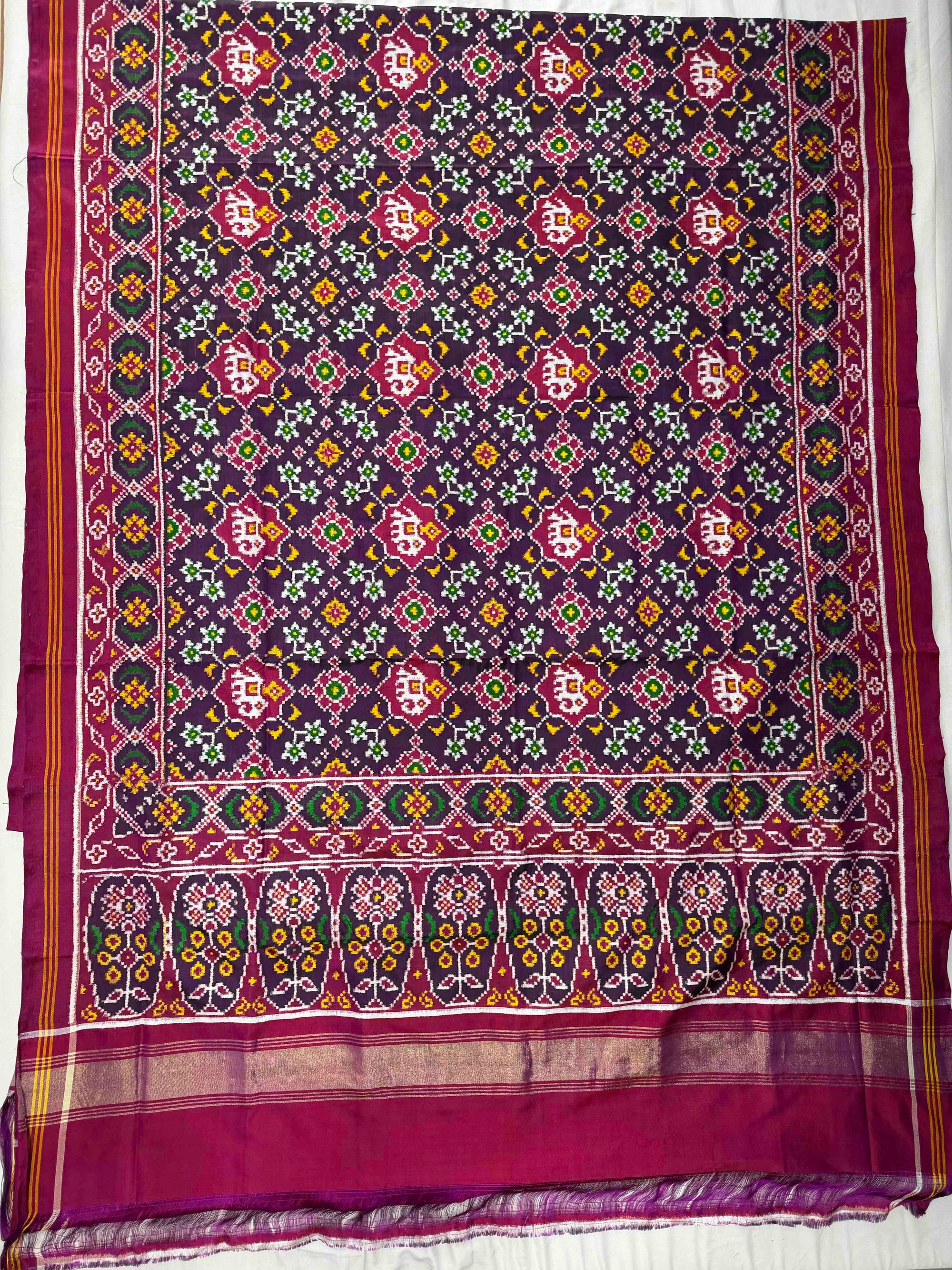 Purple & Pink Navratan With Elephent Design Pure Hand Woven Double Ikat Patola Silk Saree