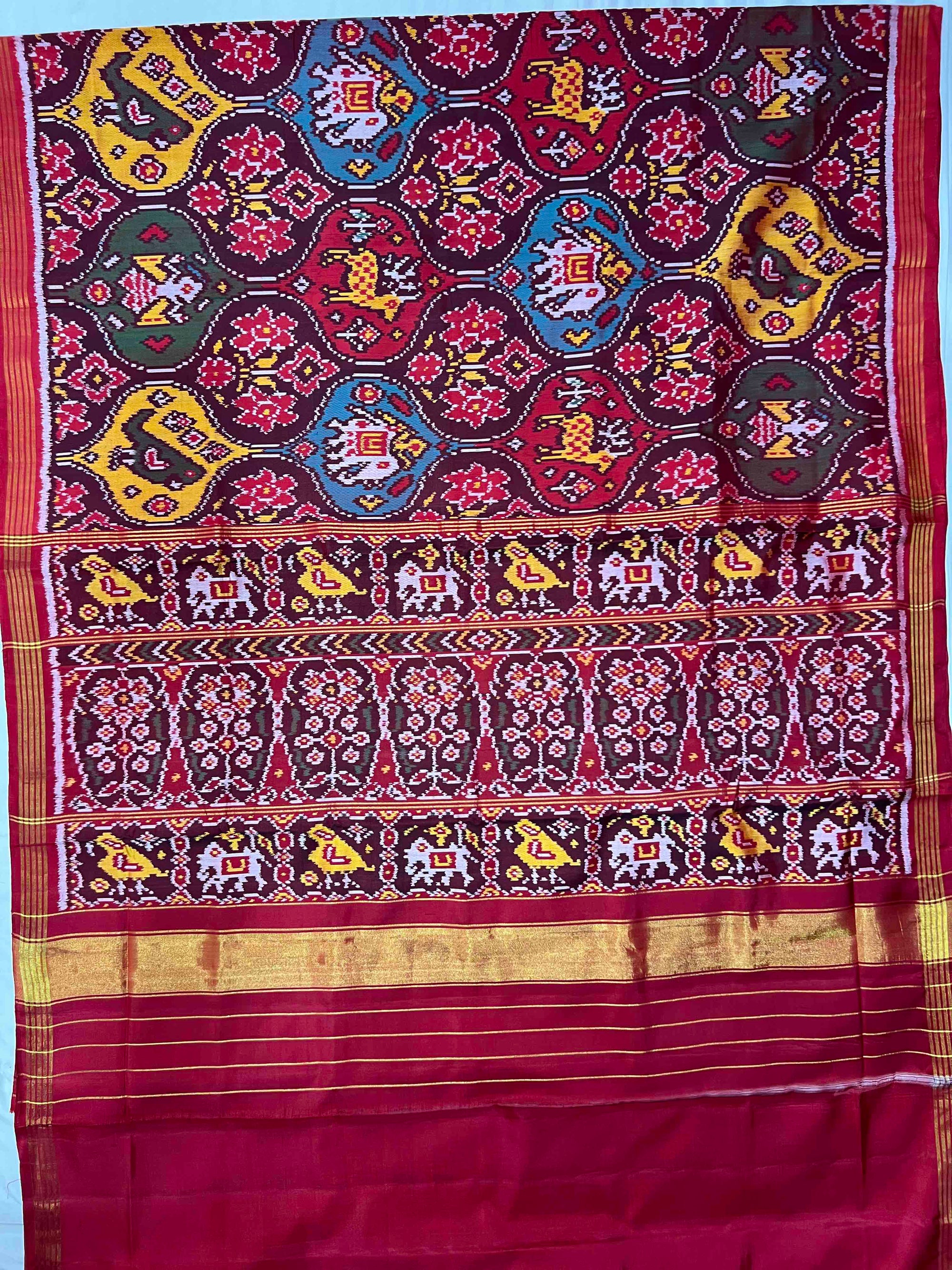 Red With Multi Big Motifs Hand Woven Rajkot Ikat Patola Silk Saree