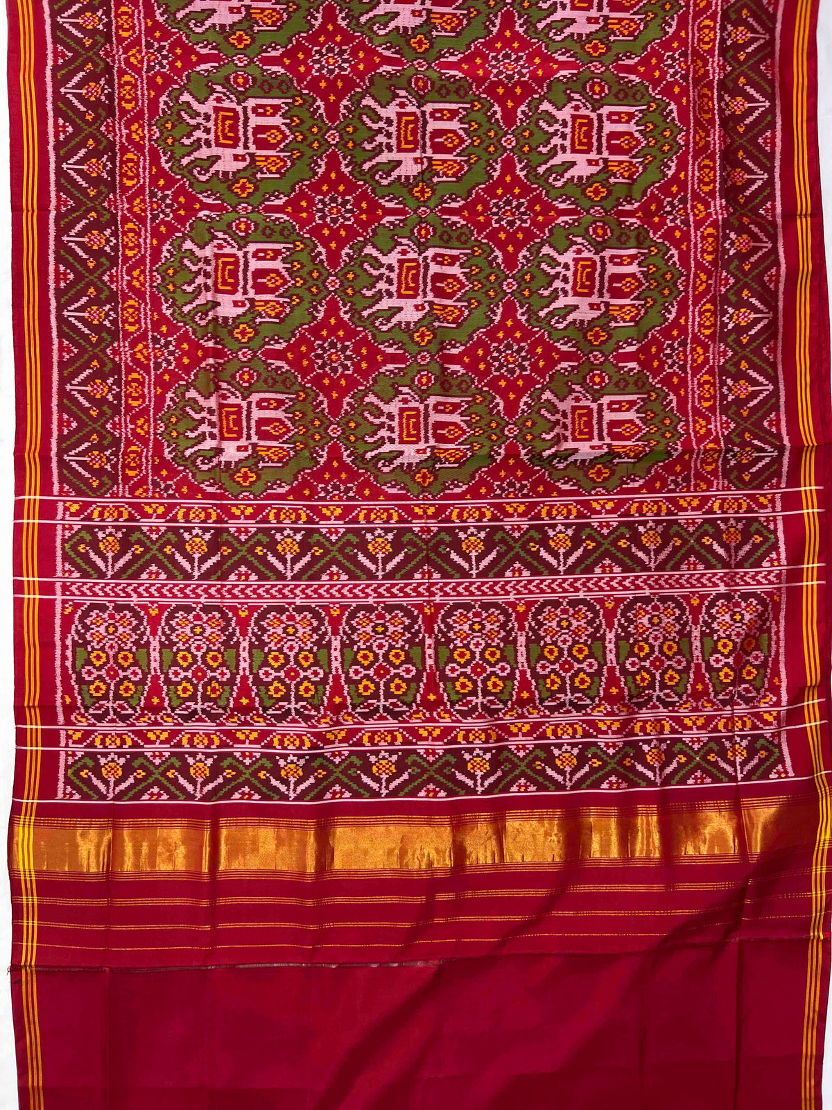 Green & Red Chabdi Elephent Design Hand Woven Rajkot Ikat Patola Silk Saree