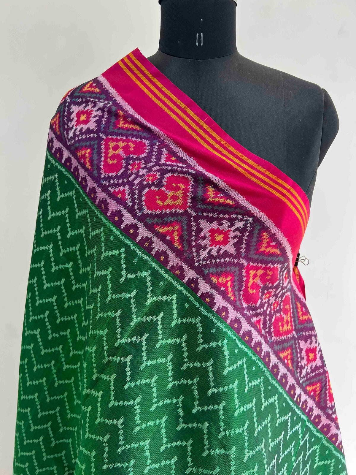 Green With Pink Laheriya Design Hand Woven Rajkot ikat Patola Dupatta