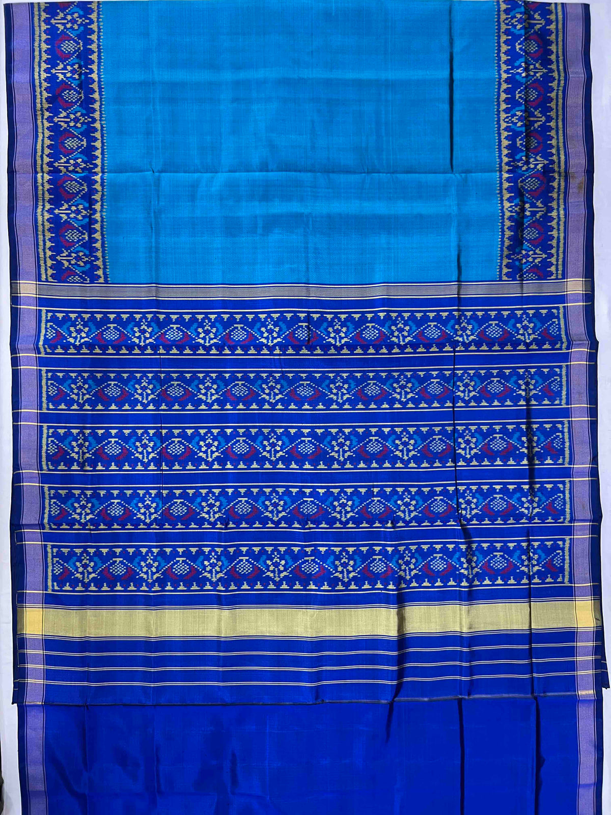 Sky Blue With Blue Gala Border Design Hand Woven Rajkot Patola Silk Saree