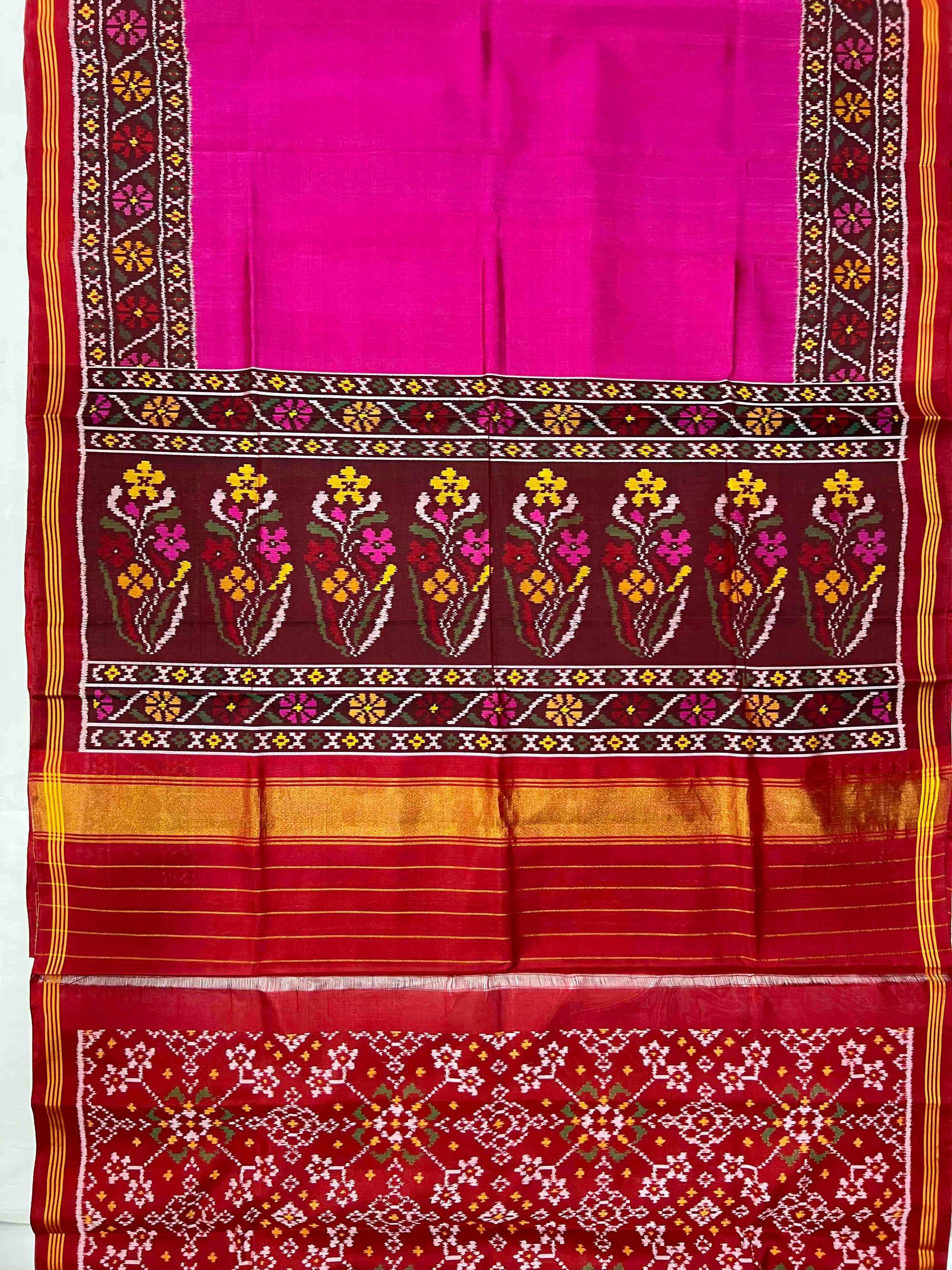 Pink & Red Maroon Hand Woven Rajkot Ikat Patola Silk Saree