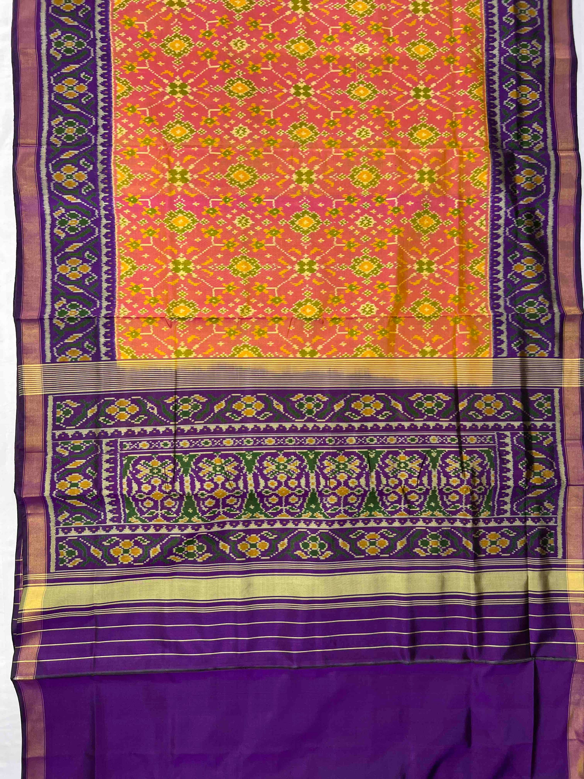 Piach With Purple Navratan Design Hand Woven Rajkot Patola Silk Saree