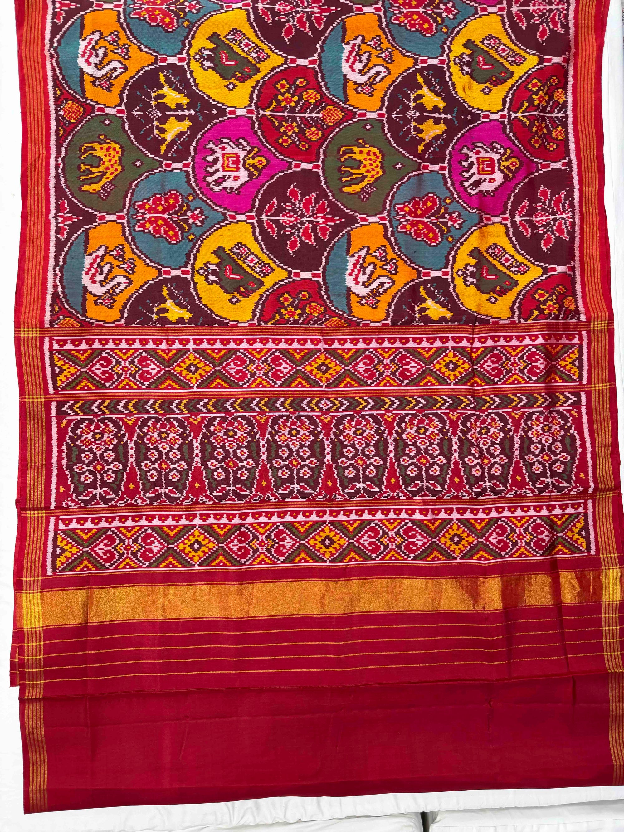 Multi Color Big Motifs Design Hand Woven Rajkot Ikat Patola Silk Saree