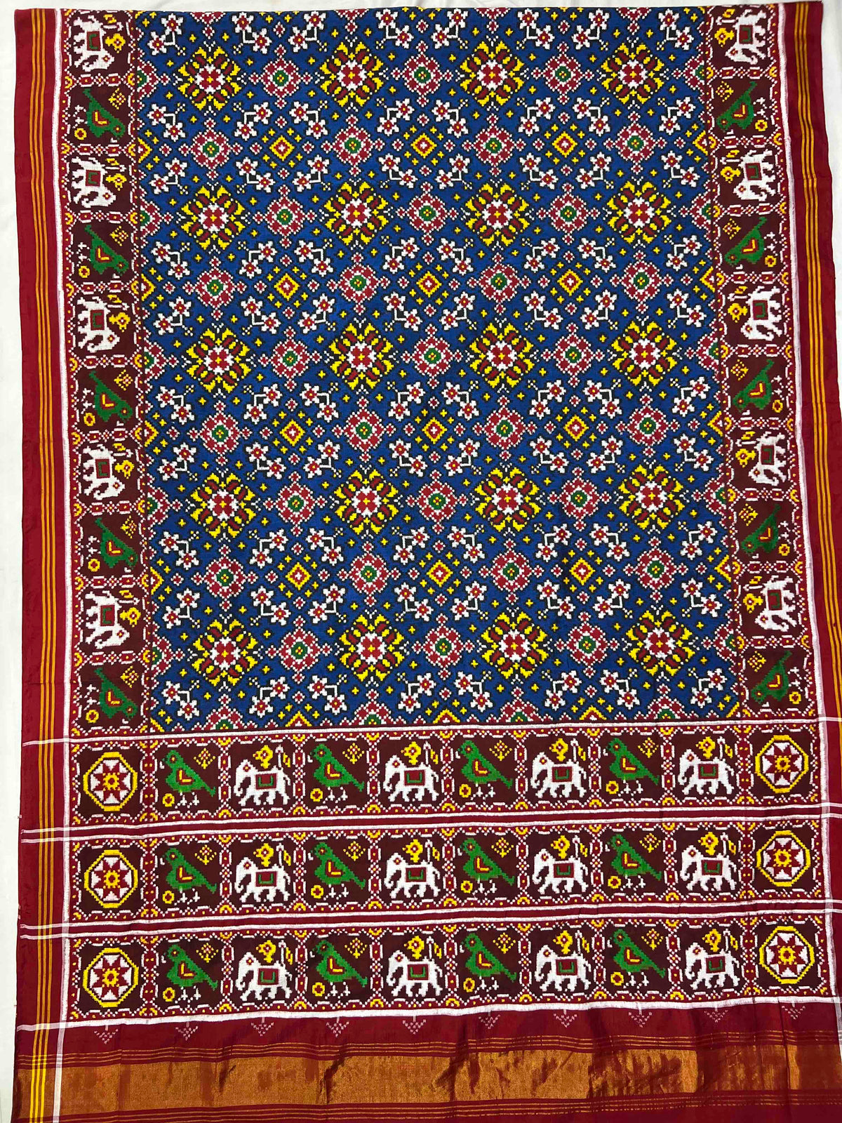 Blue And Maroon Navratan Design Pure Hand Woven Double Ikat Patola Silk Saree