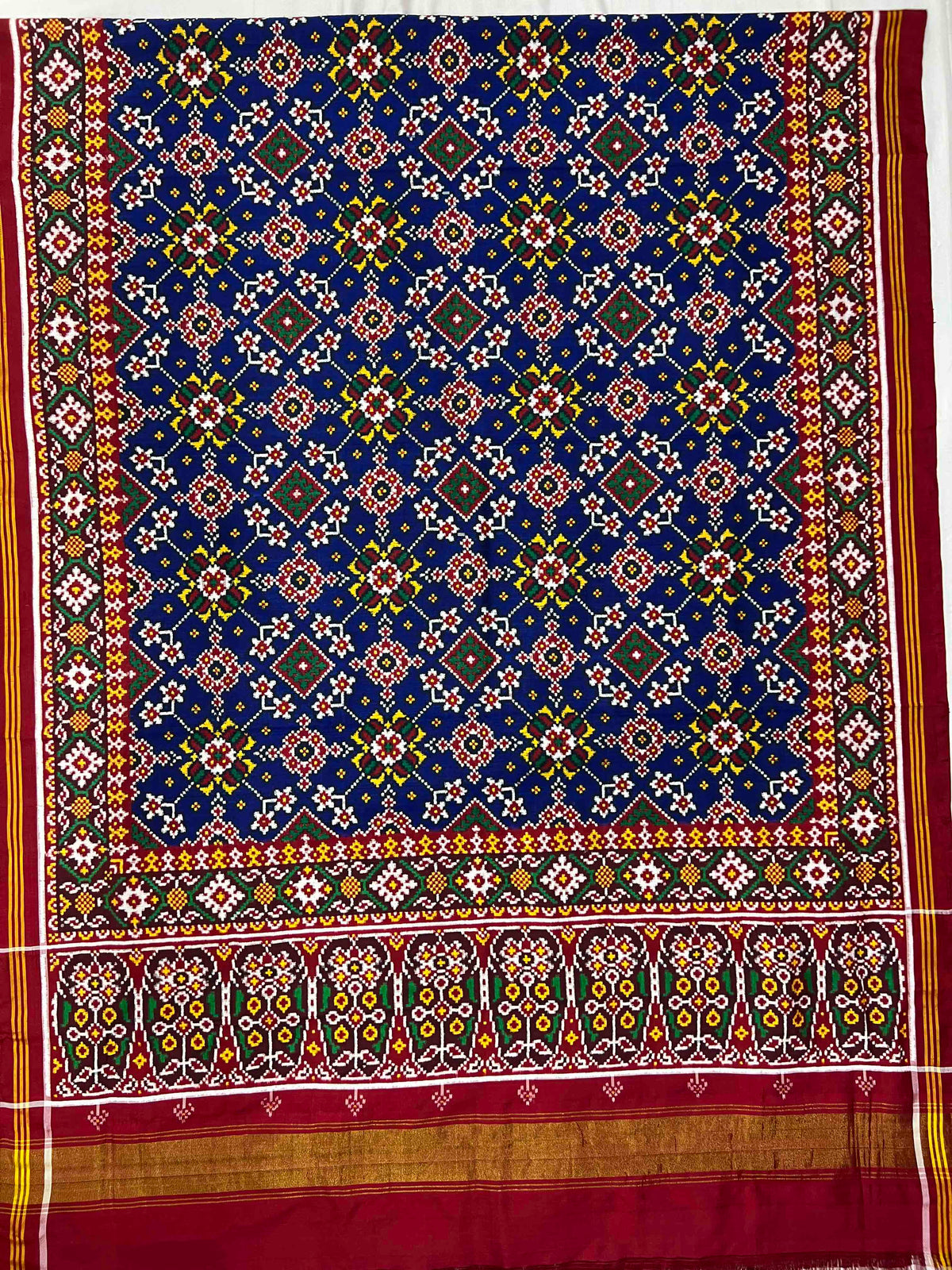 Blue And Red Navratan Design Pure Hand Woven Double Ikat Patola Silk Saree