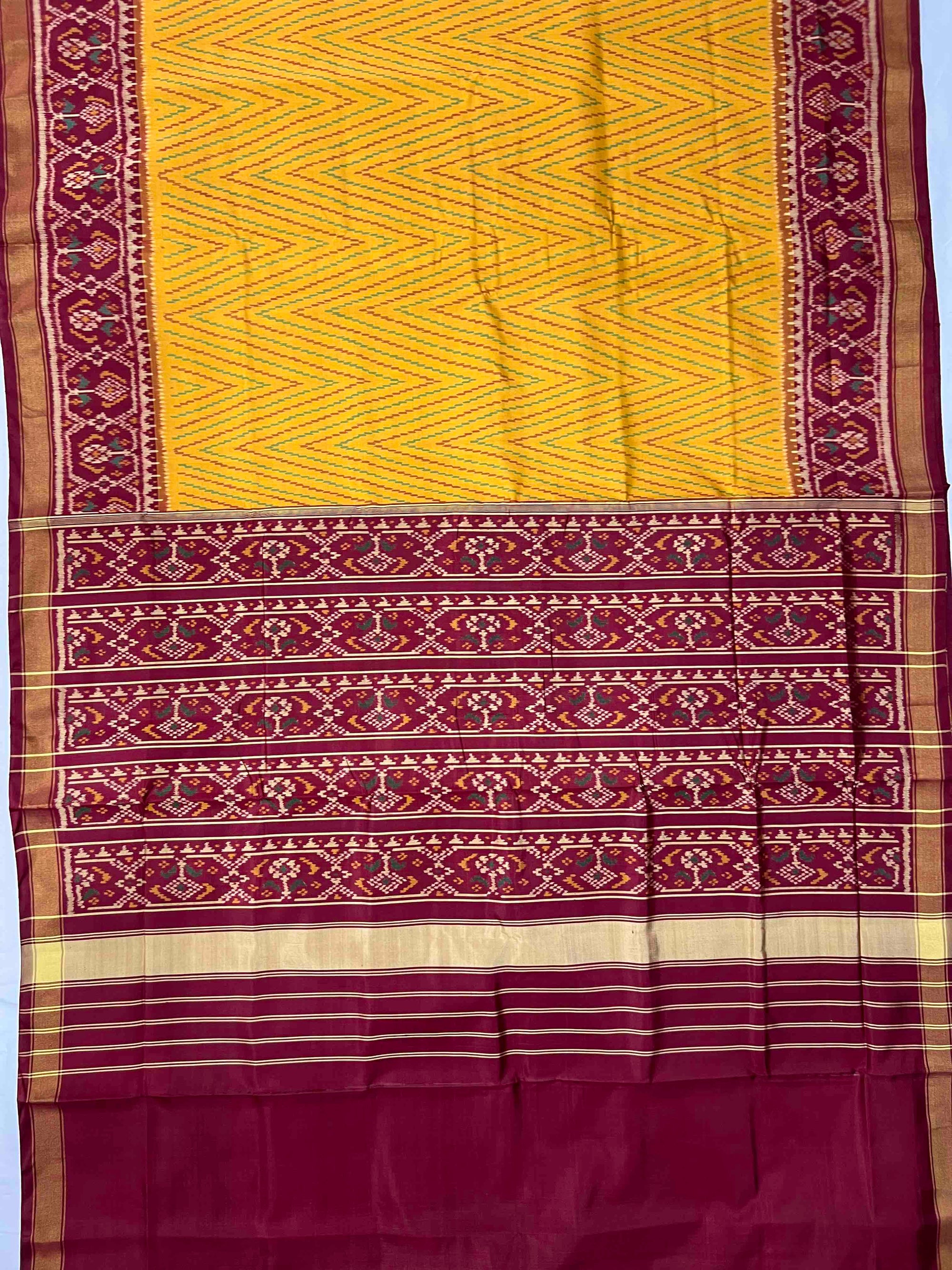 Yellow & Red Maroon Laheriya Design Hand Woven Rajkot Patola Silk Saree