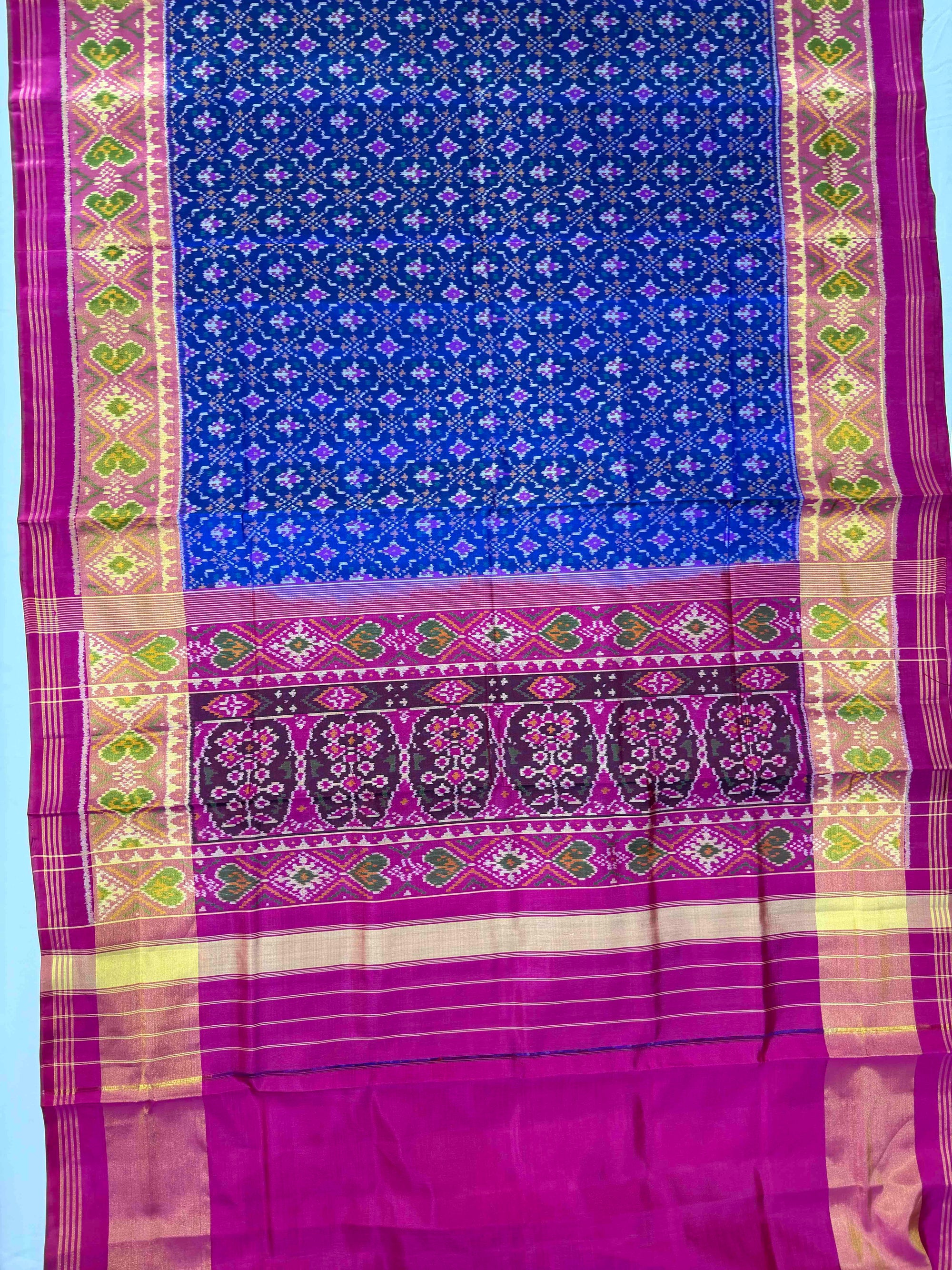 Blue & Pink ButtonFull Hand Woven Rajkot Patola Silk Saree