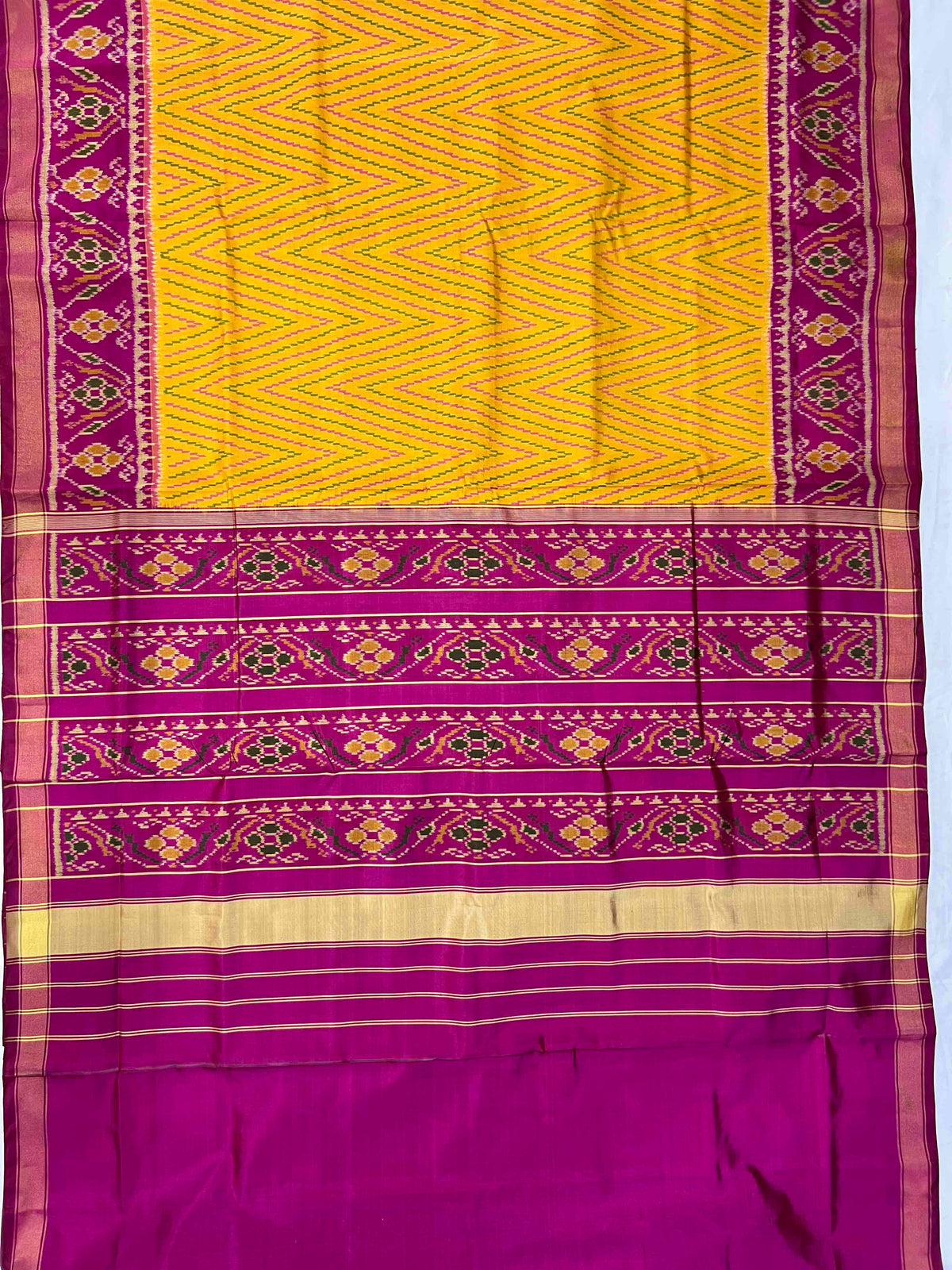 Yellow & Pink Laheriya Design Hand Woven Rajkot Patola Silk Saree
