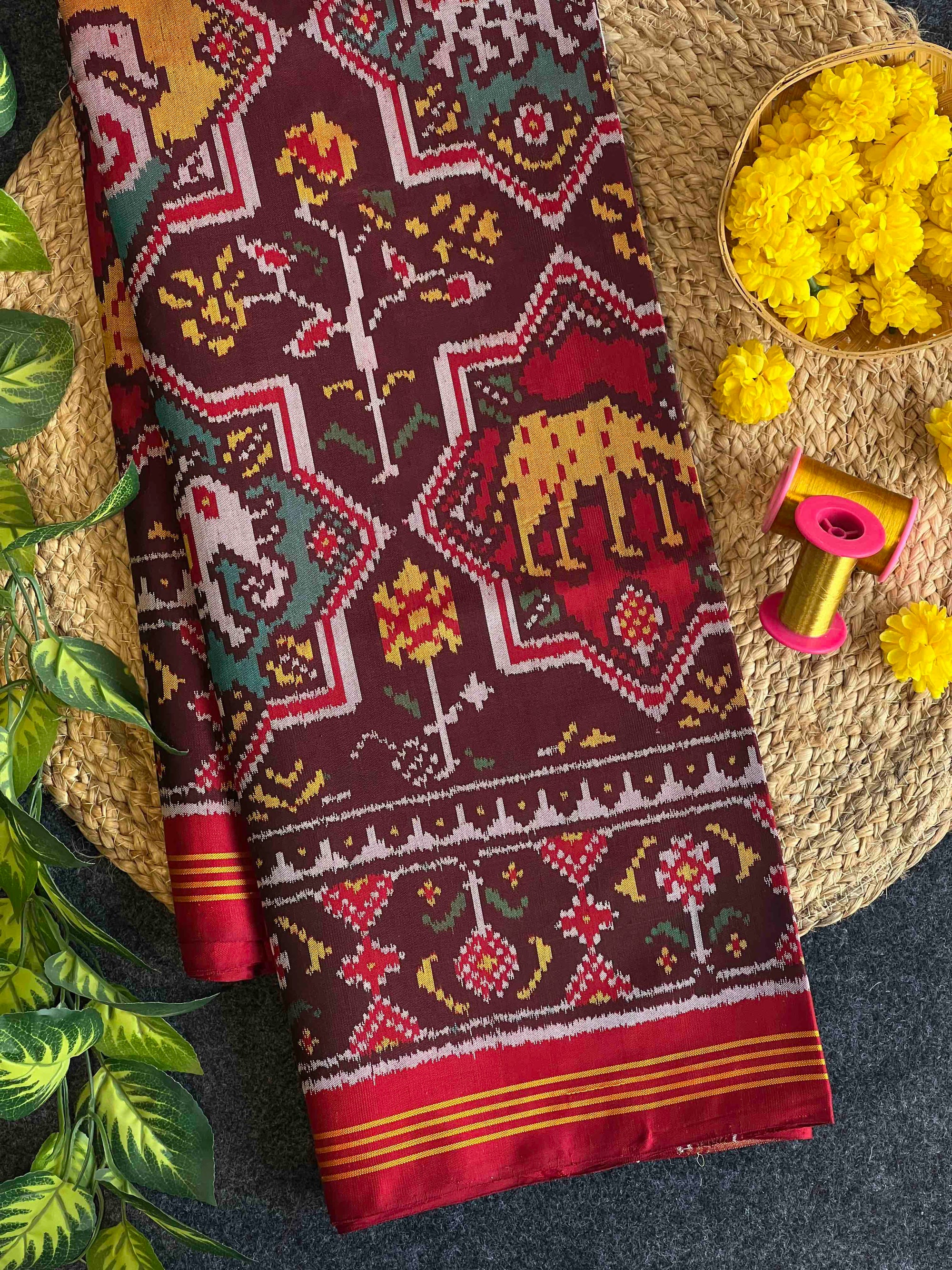 Maroon & Red Star Design Rajkot Ikat Patola Silk Saree