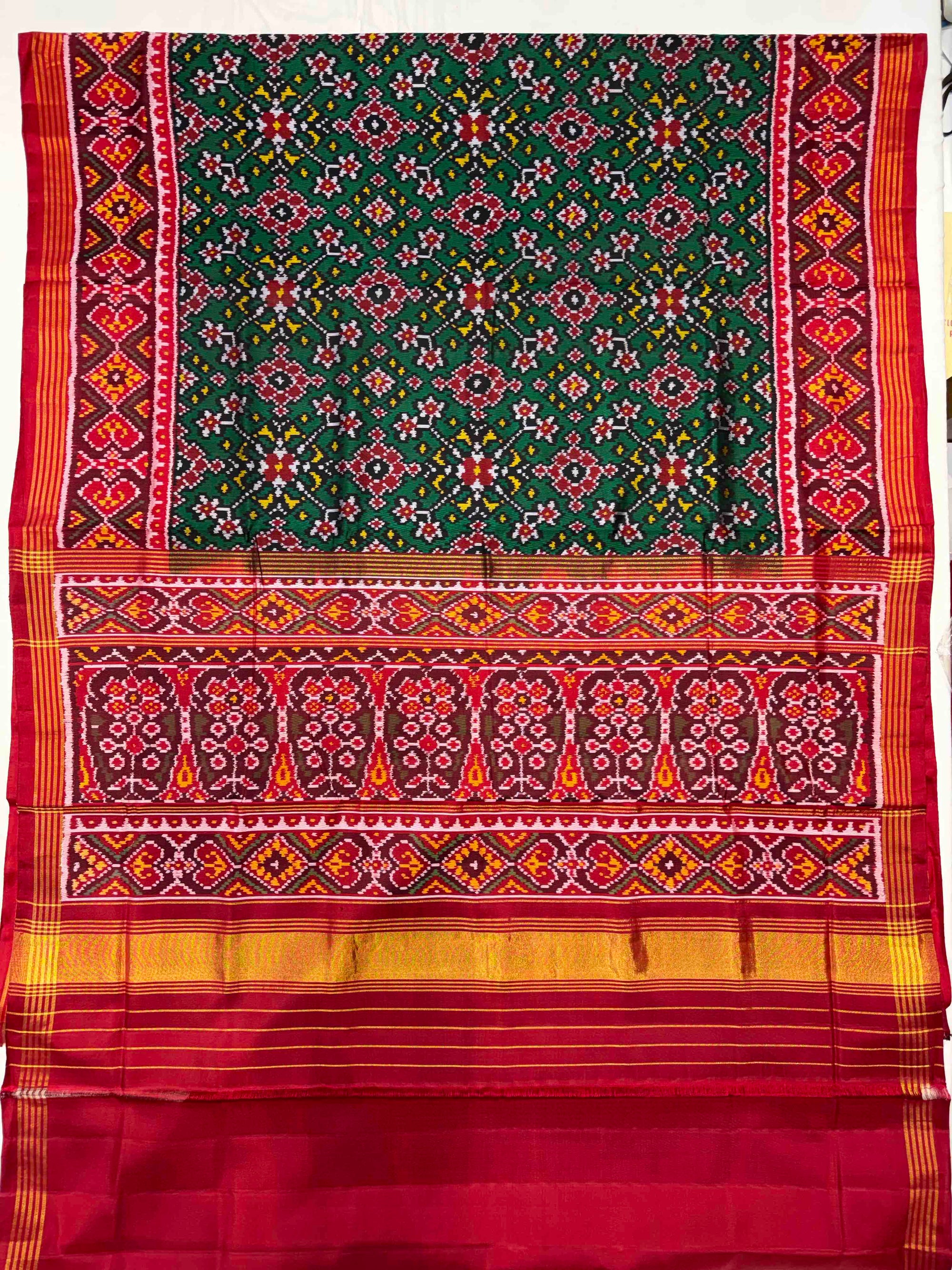 Green & Red Navratan Design Rajkot Ikat Patola Silk Saree