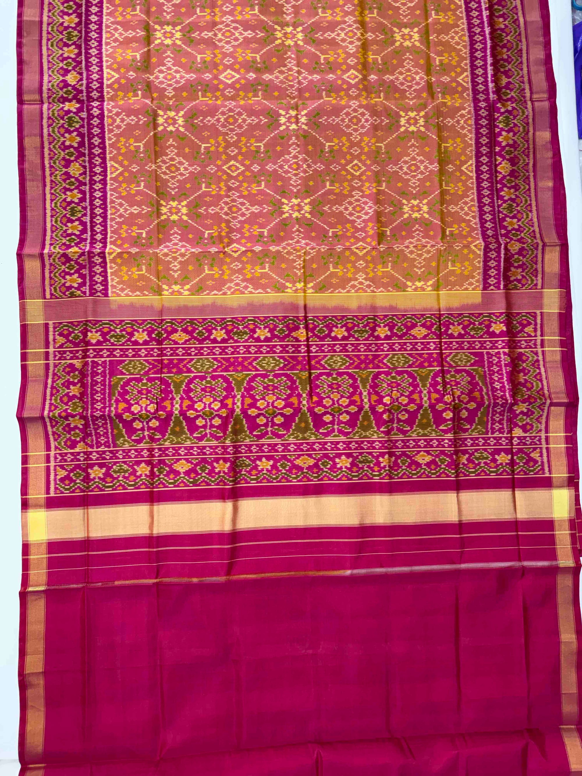 Musturd With Pink Hand Woven Rajkot Patola Silk Saree