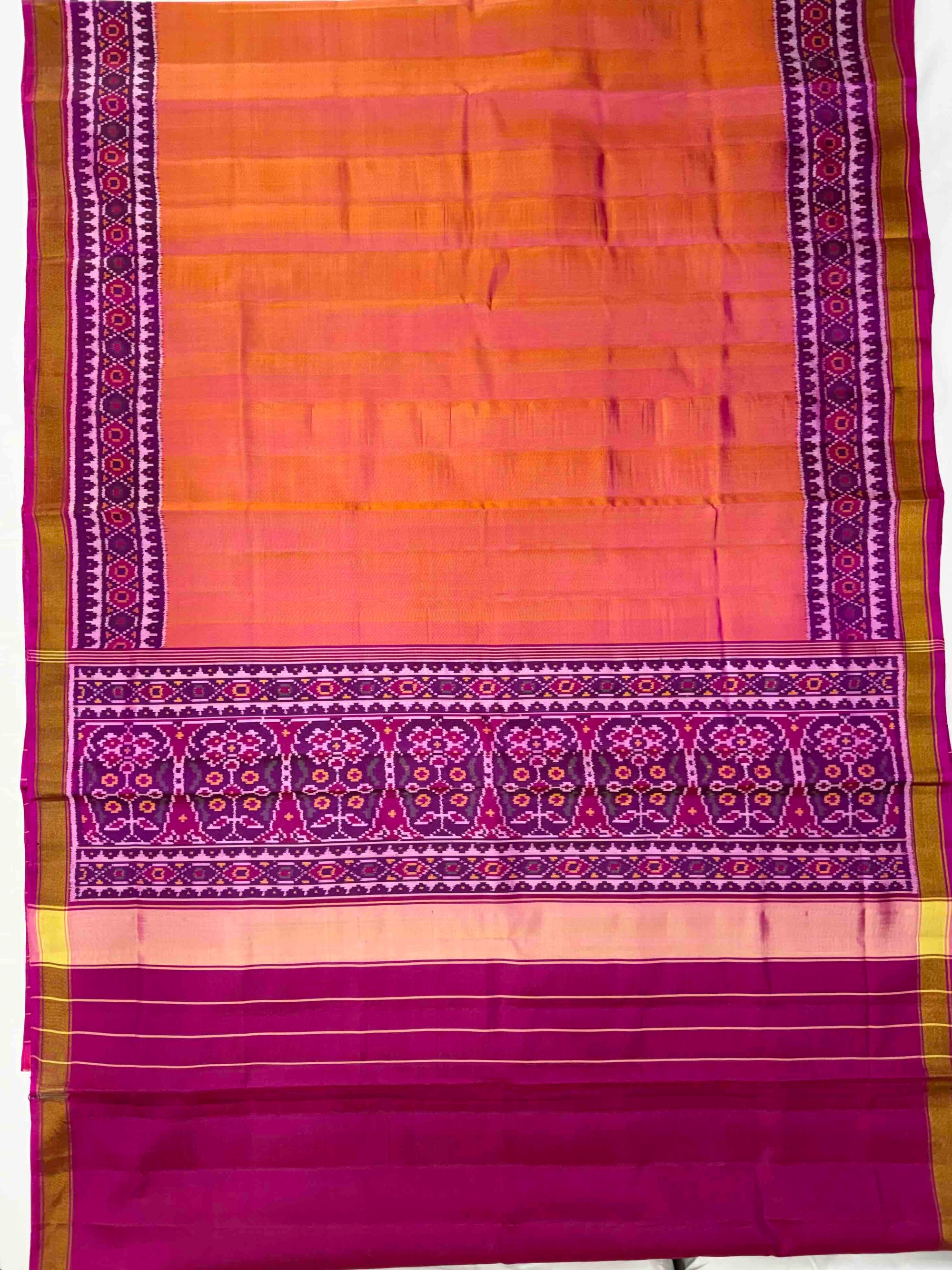 Plain Yellow With Pink Hand Woven Rajkot Patola Silk Saree