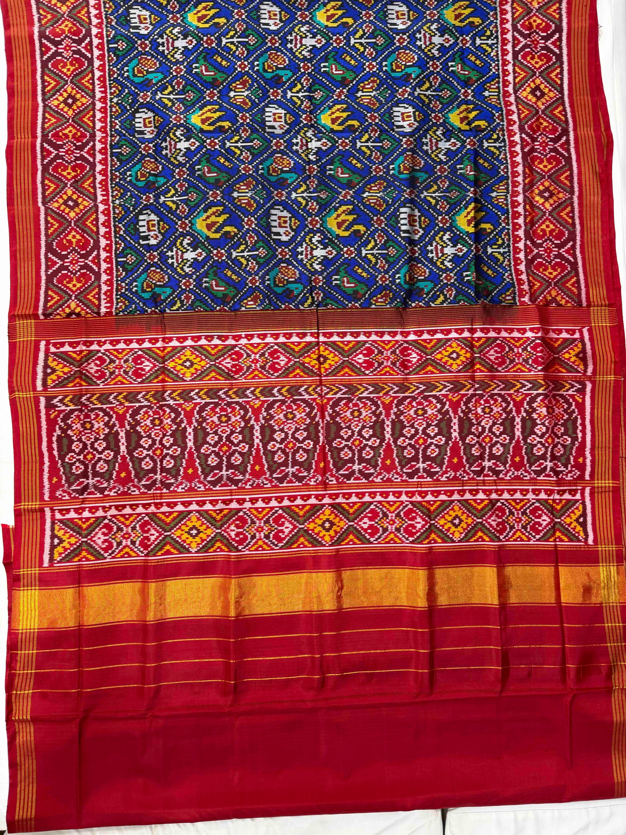 Blue & Red Narikunj Design Hand Woven Rajkot Ikat Patola Silk Saree