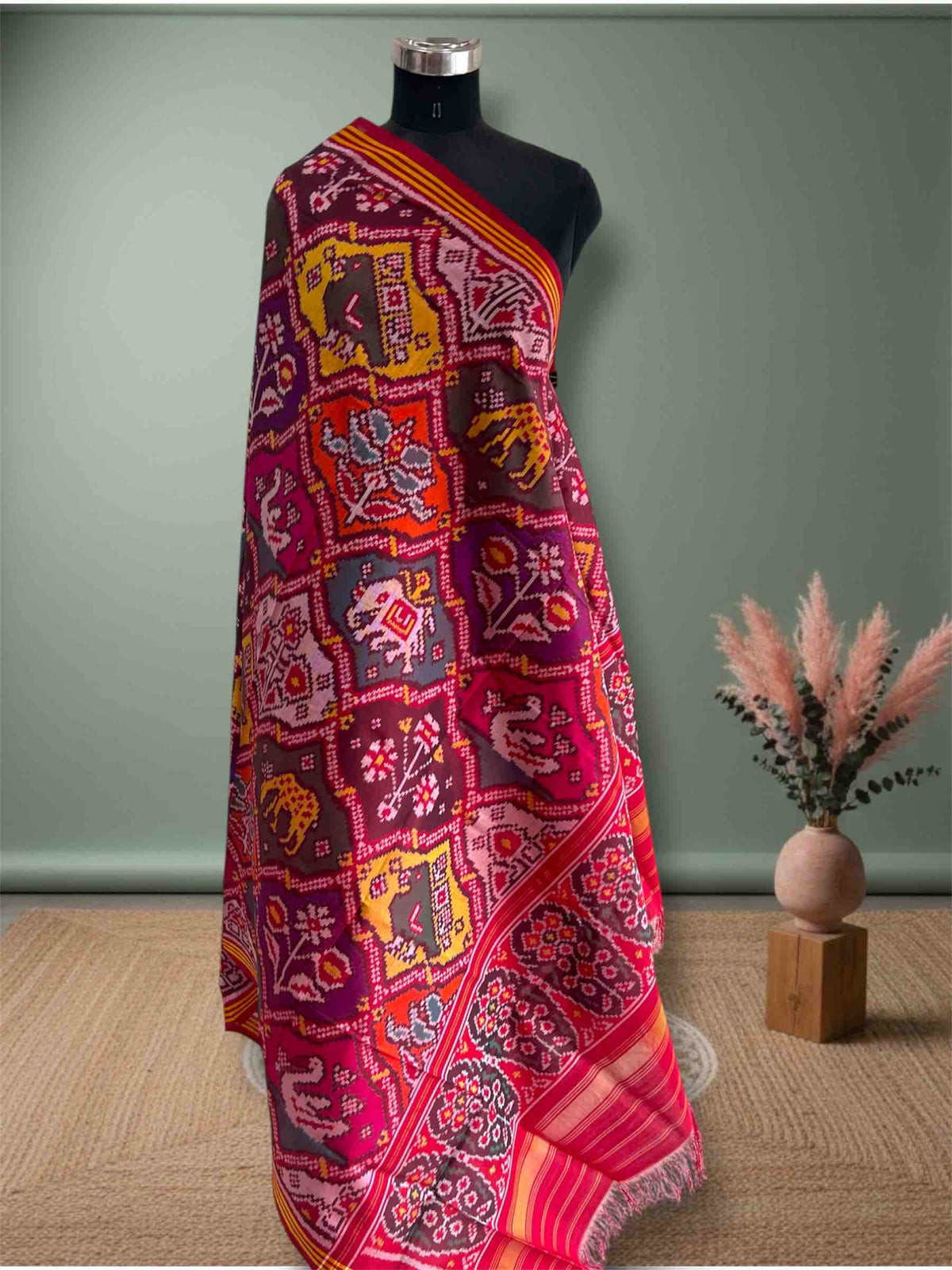 Multi With Red Big Motifs Design Hand Woven Rajkot ikat Patola Dupatta