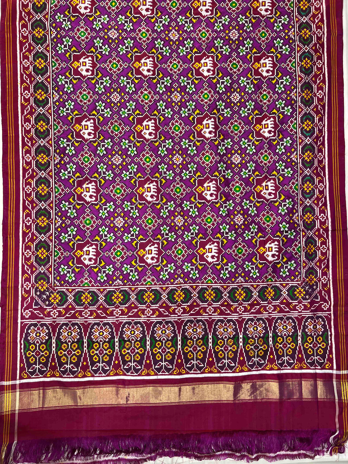 Pink And Purple Navratan Elephent Pure Hand Woven Double Ikat Patola Silk Saree