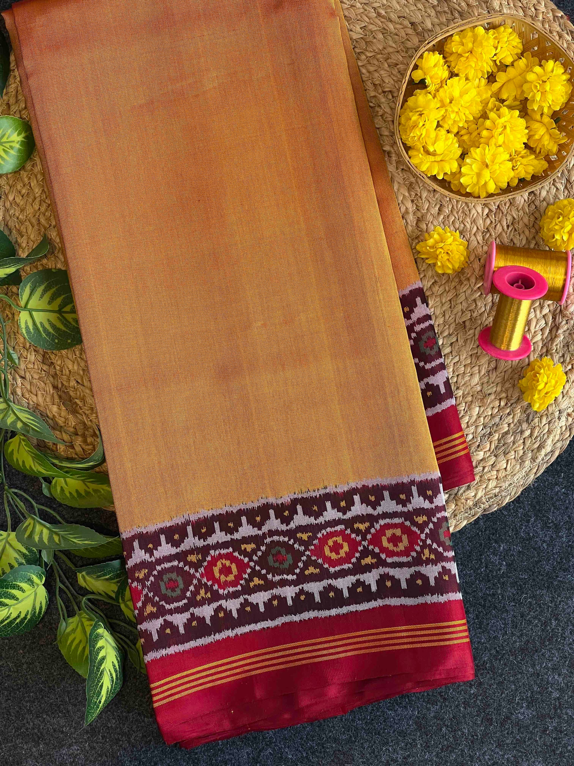 Musturd Yellow & Maroon Plain Gala Border Rajkot Ikat Patola Silk Saree